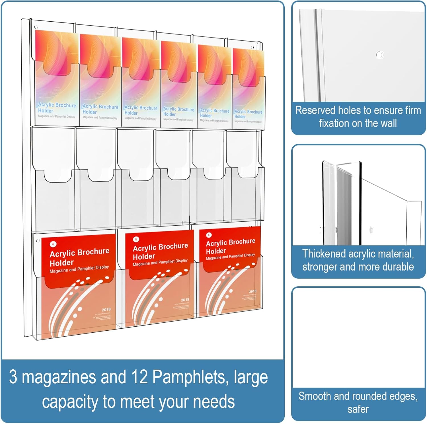 Acrylic Brochure Holder Wall Mount, Magazine and Pamphlet Display, Clear Literature Organizer Rack for 12 Pamphlets and 3 Magazines, Flyer Pamphlet Holder with Business Card Holders and Index Tabs