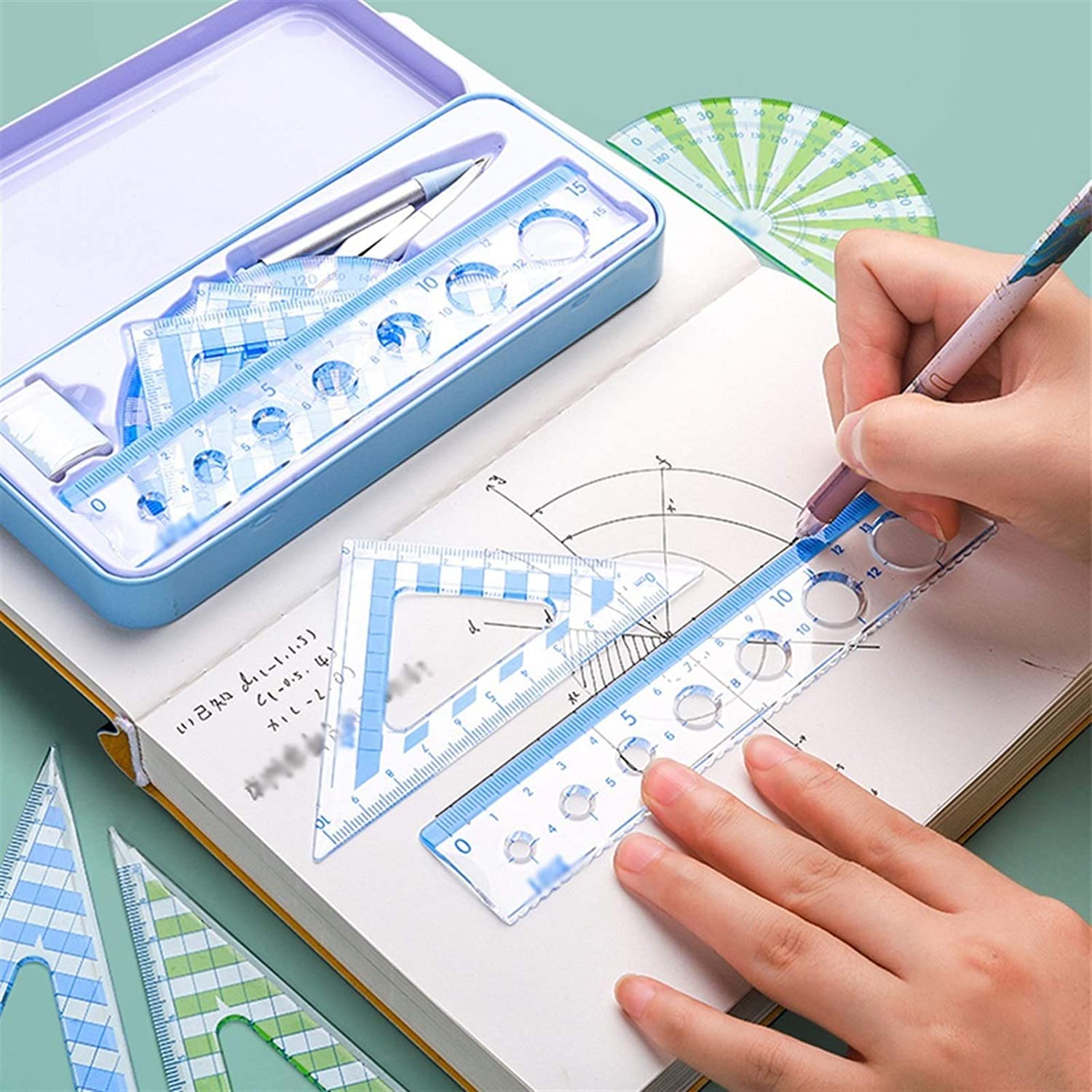 Zirkel-Set Grün/Blau/Pink Multifunktions-Zirkel-Lineal-Sets Professionelle Zeichenwerkzeuge 7-teilig Schul-/Bürobedarf Mathematik-Geometrie-Kit-Set Geometrie-Set(Pink)