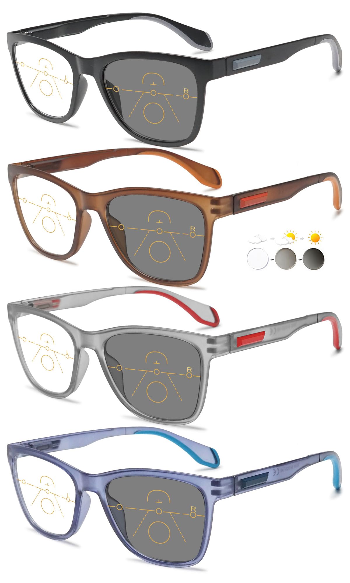 KOOSUFA Selbsttönende Gleitsicht Lesebrille Gleitsichtbrille Progressive Multifokus Blaulichtfilter Photochrome Herren Damen Federscharnier Leicht mit UV-Schutz Sonnenlesebrille