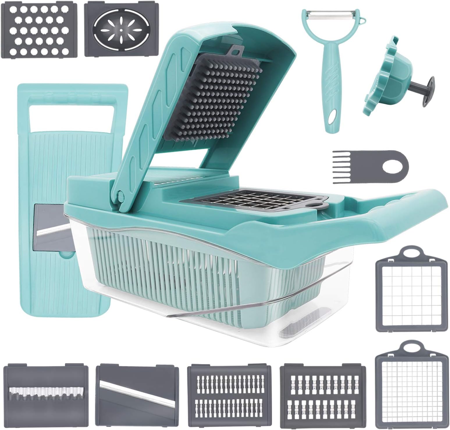 Vegetable Chopper Slicer with Large Container, Adjustable Mandoline Spiralizer with 7 Multi Blades and Colander Basket, Pro Food Dicer with Fruit Peeler for Salad, Onion Cutter, Cheese Shredder (Blue)
