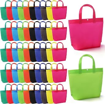 50 Pcs Non Woven Fabric Reusable Shopping Bags, Multi Color Foldable Tote Bags with Handles and Buttons for Grocery, Gift, Party Favors, Bulk 13x10x4 Inch