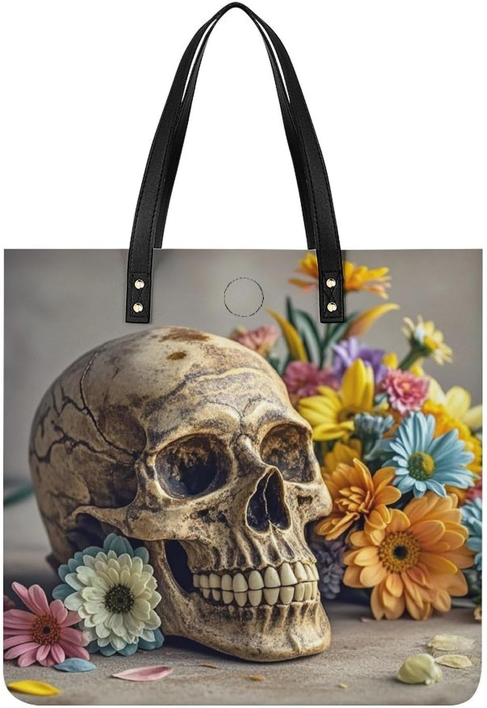 Ancient Skull And Flowers Tote Bag with Magnetic Buckle Reusable Grocery Bags Lightweight Cross Body Handbag for Daily Essentials