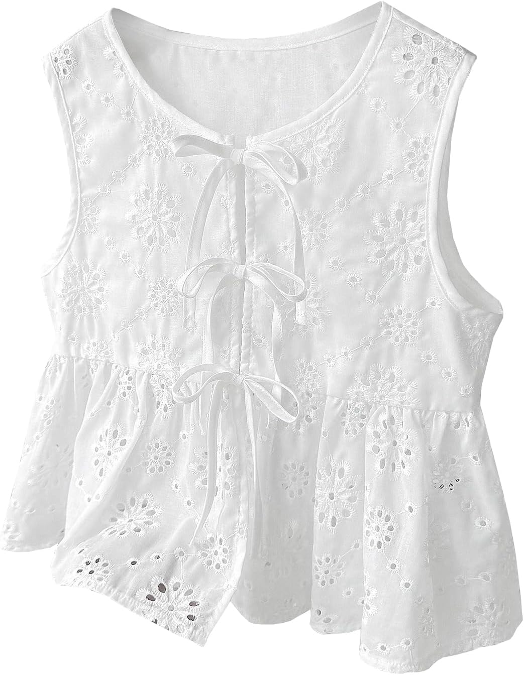 Girls Tank Tops Eyelet Embroidery Sleeveless Top Bow Ties Peplum Tank Blouse - Image 5