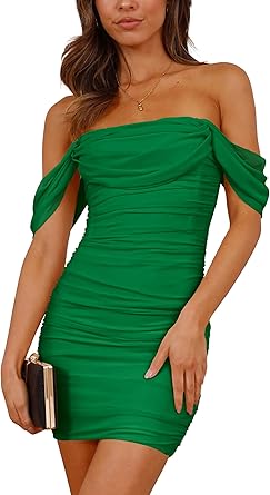 PRETTYGARDEN Cocktail Dresses 2025 Summer Off Shoulder Sexy Bodycon Ruched Mesh Graduation Wedding Guest Mini Short Dress