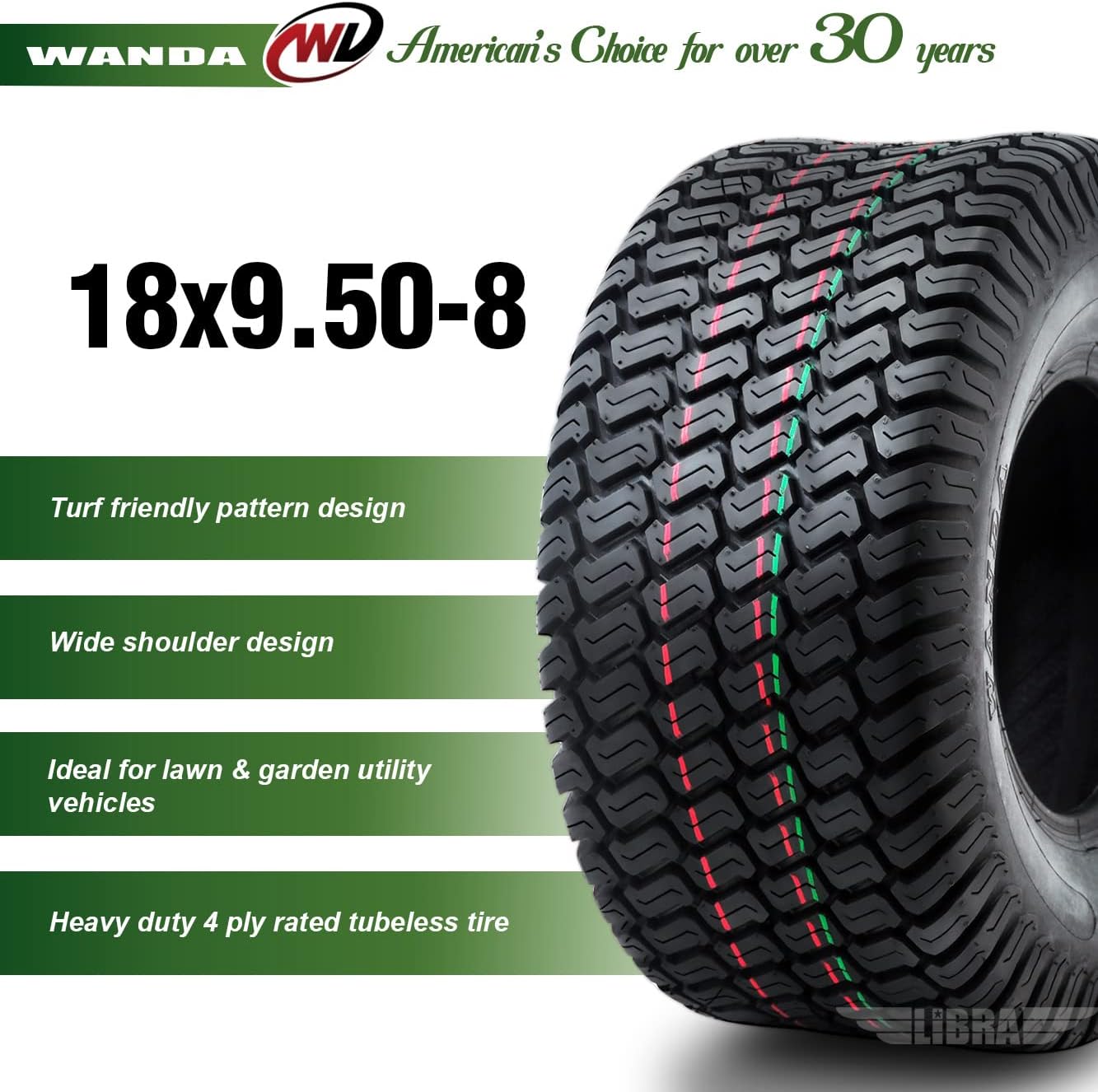 WANDA Set 2 18x9.50-8 Lawn Mower Utility Cart Turf Tires 18x9.5x8 P332-13032