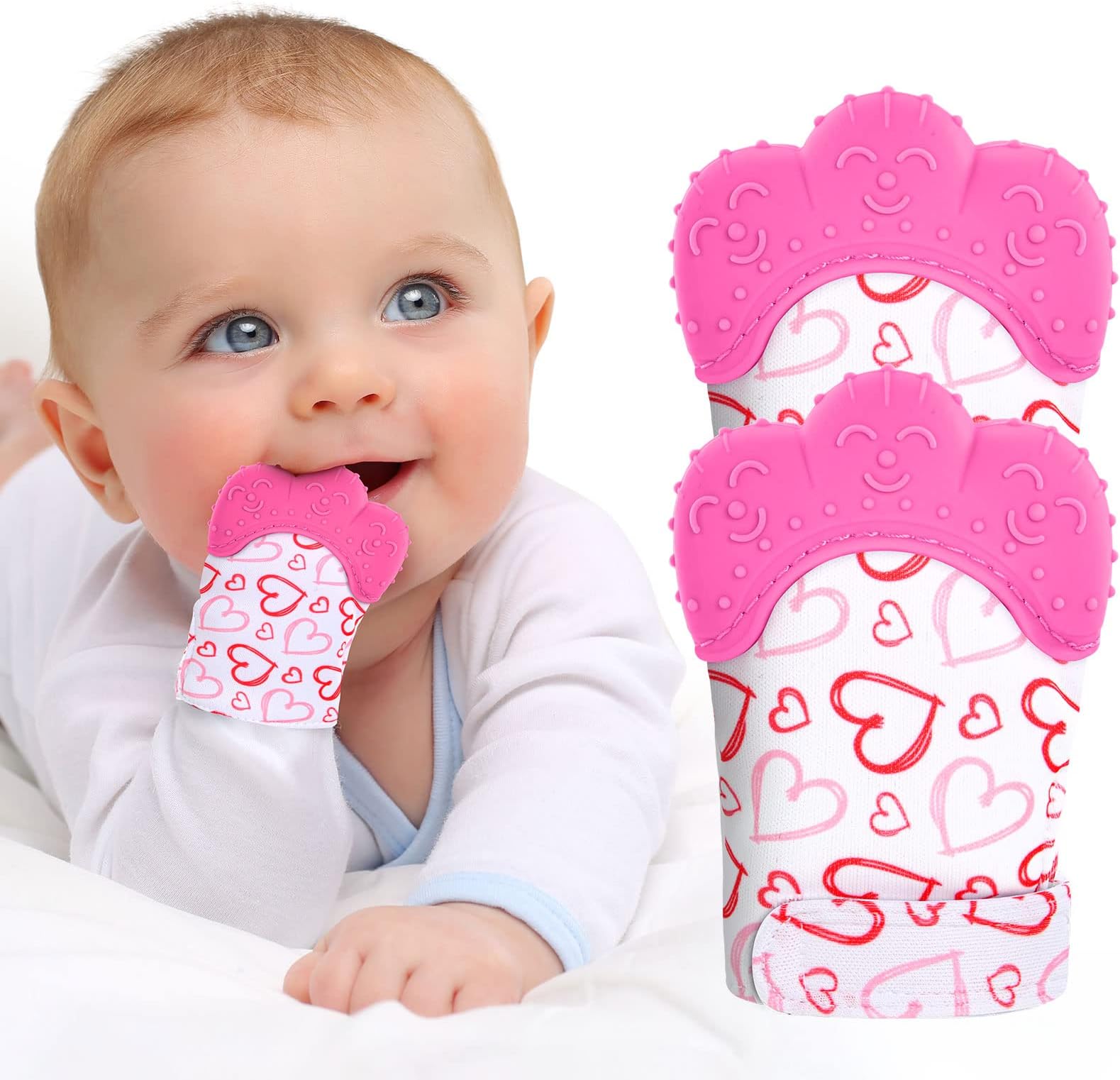 Baby Teething Set, 2 Pack Teething Mittens for Baby, Includes 2 Silicone Mitten Teether Glove, Teething Glove, Infant Soothing Pain Relief Mitt Baby Teether Mits for Baby(Rose Red)