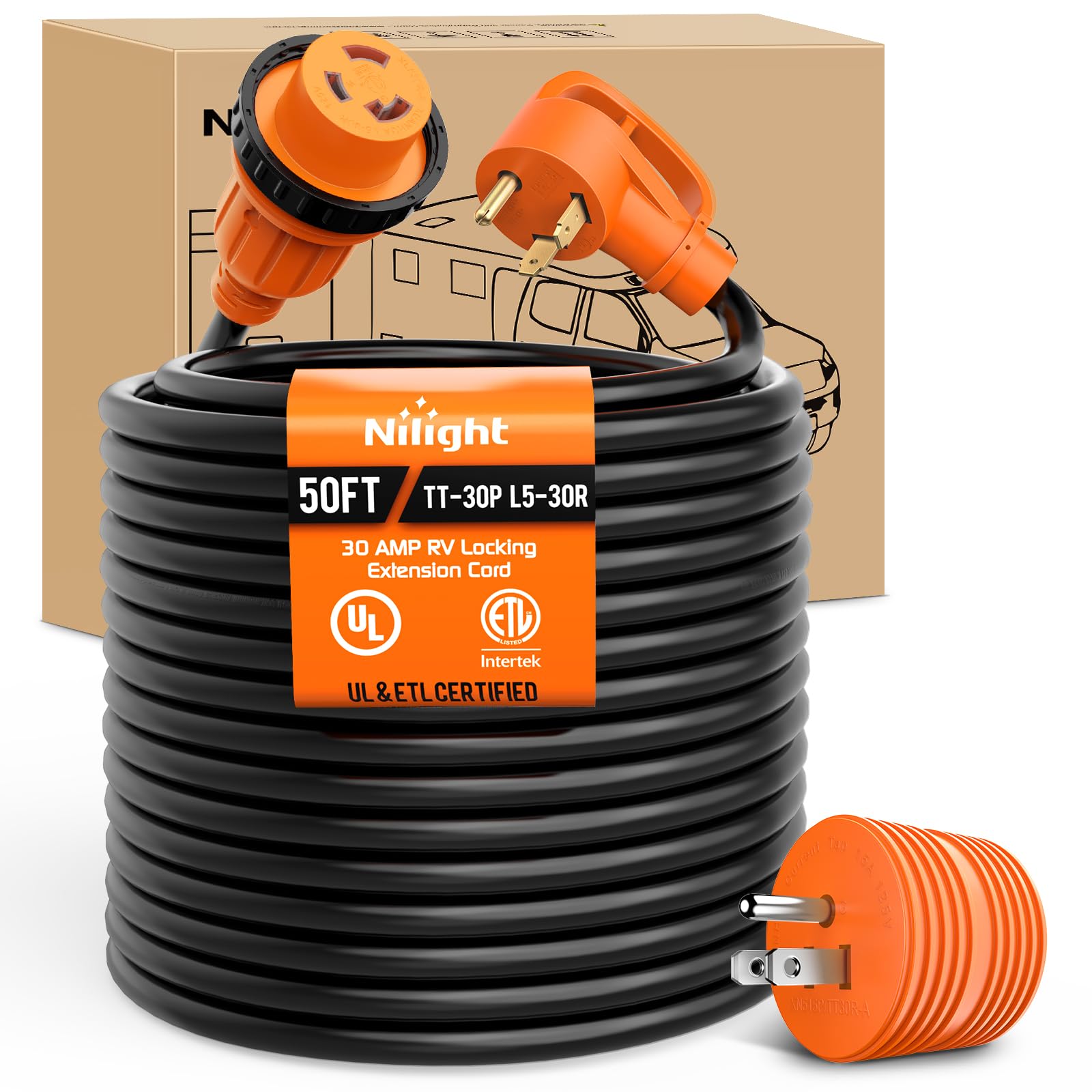 Nilight 50FT 30 Amp RV Locking Extension Cord 10/3 Gauge TT-30P to L5-30R