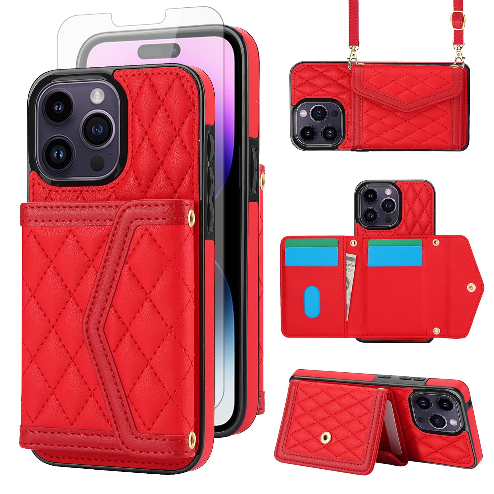 Asuwish Phone Case for iPhone 13 Pro Max 2021 6.7 inch Wallet Cell Cover with Screen Protector RFID Blocking Card Holder Crossbody Strap