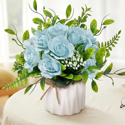 Faux Flowers with Vase,Blue Artificial Silk Rose in Vase | Silk Rose Artificial Flowers with Vase for Coffee Table Decor,Living Room Bathroom Plant Decor, Centerpiece Table Decorations