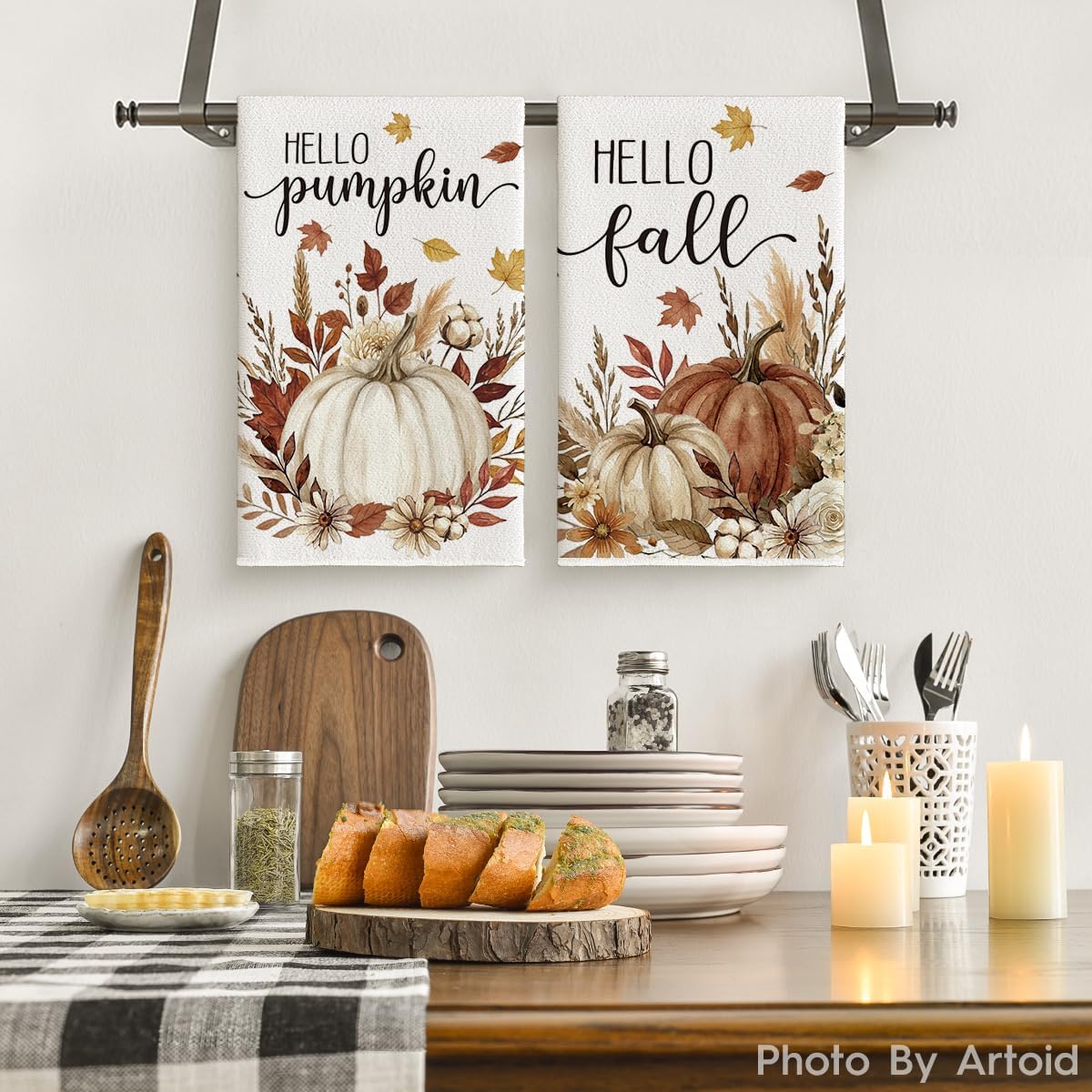 Artoid Mode Pumpkin Hello Leaves Fall Kitchen Towels Set of 2 18x26 Inch