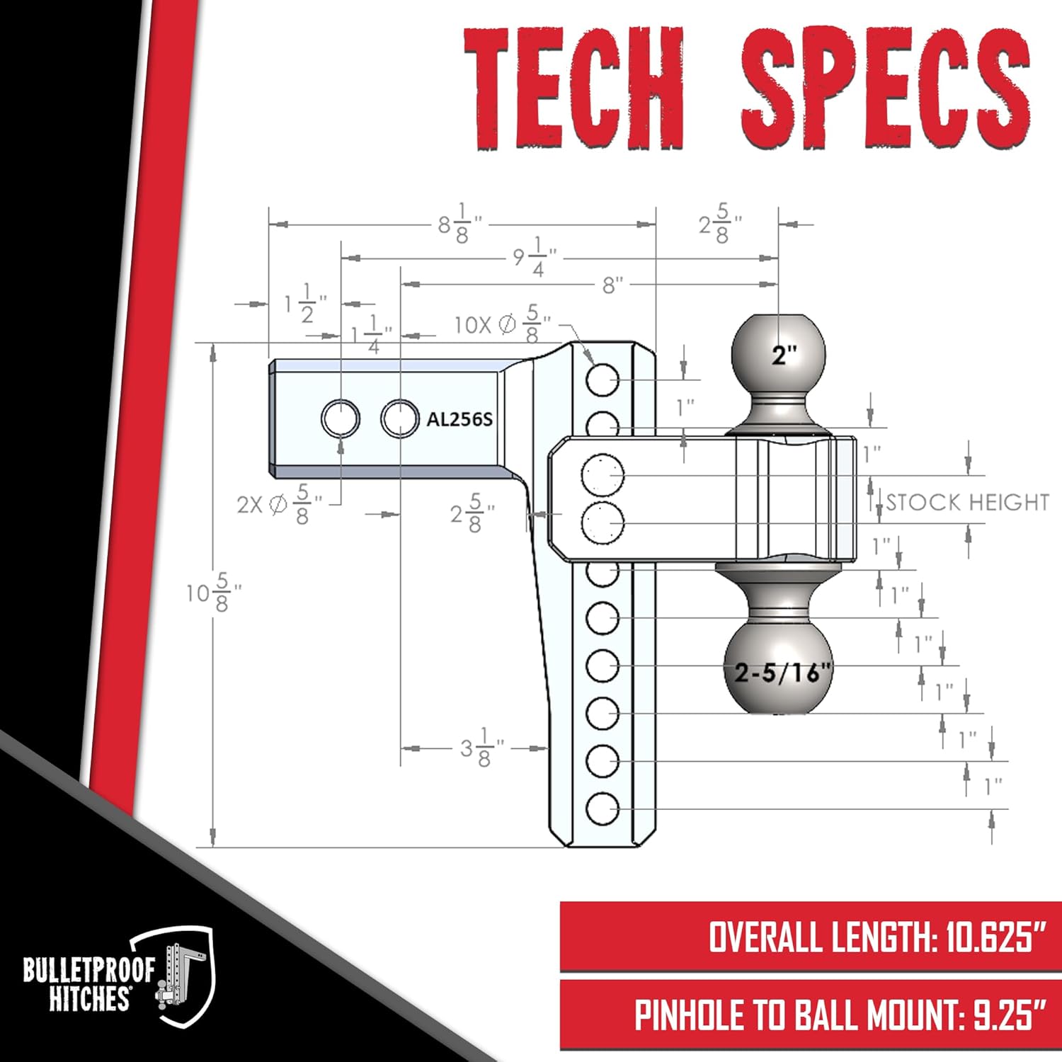 BulletProof Hitches - 2.5" Aluminum Trailer Hitch (14,000 lb. Rating) - Adjustable Hitch with 6" Drop/Rise and 2" & 2-5/16" Stainless Steel Dual Ball - Corrosion-Resistant Tow Hitch