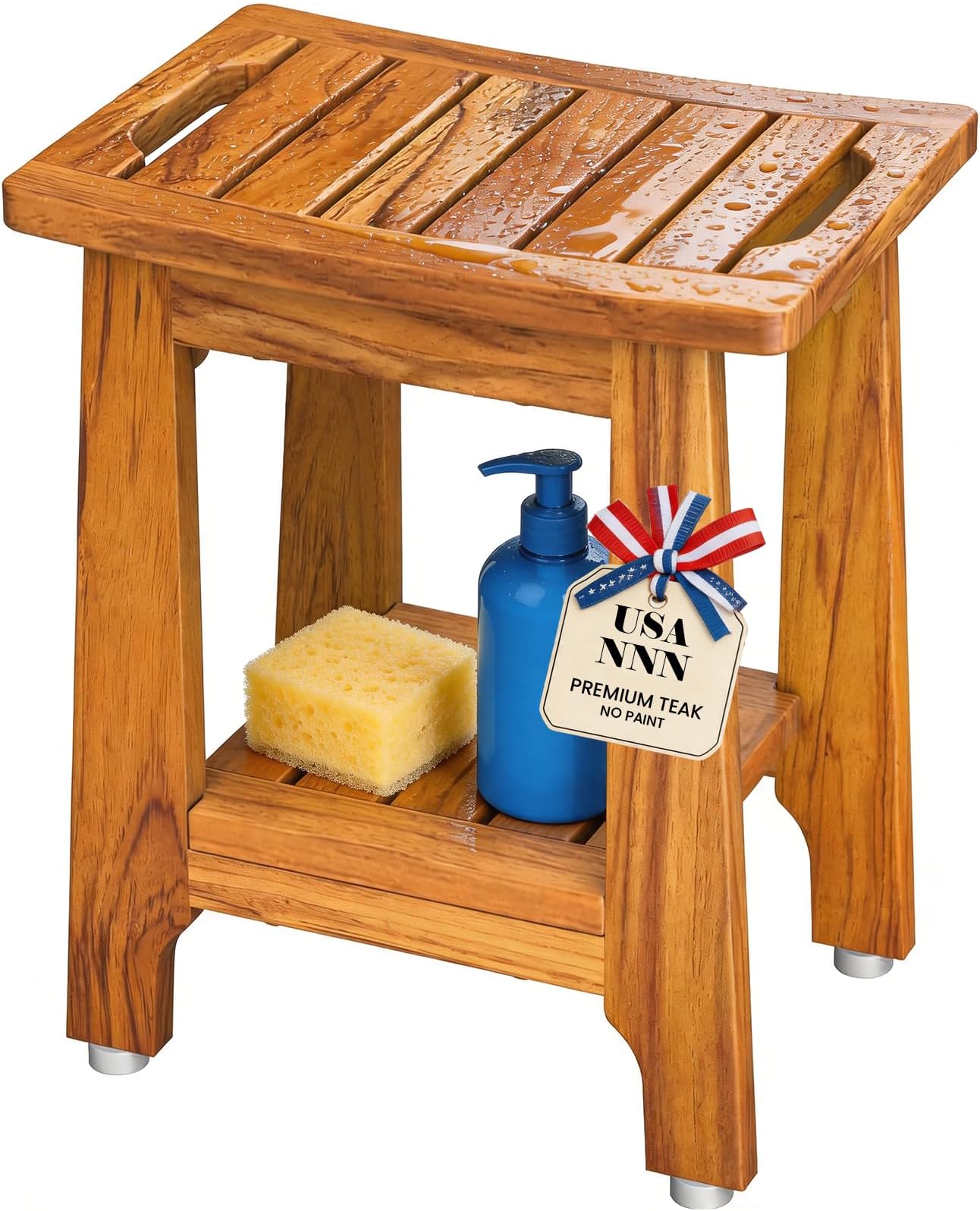 14" Compact Teak Shower Stool with Shelf & Handle - Waterproof, Non-Slip Bath Bench for Small Bathrooms/Tub/Outdoor Use, 300 lbs Capacity (Patented)