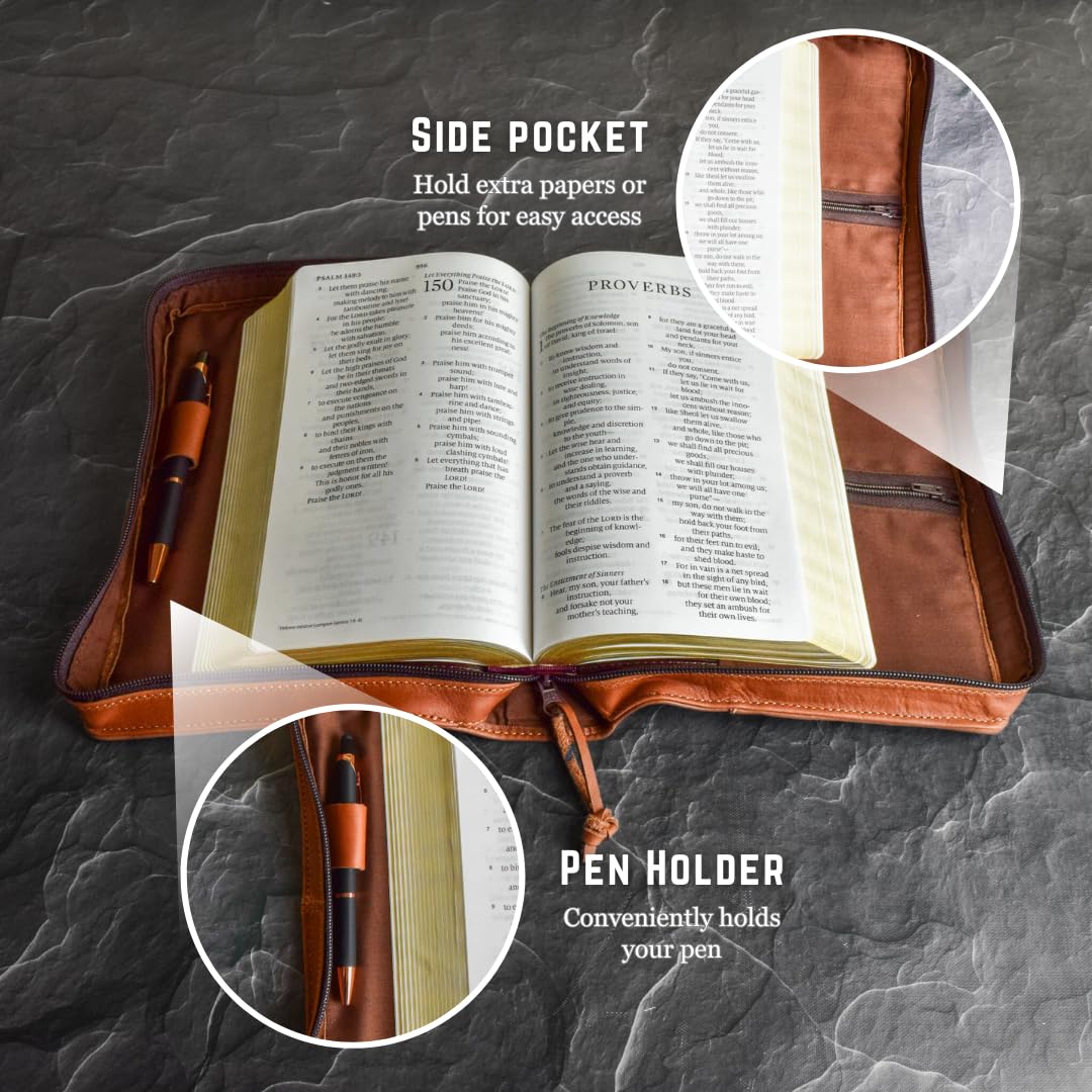 Funda para Biblia de cuero natural de grano completo con cremallera, hecha a mano
