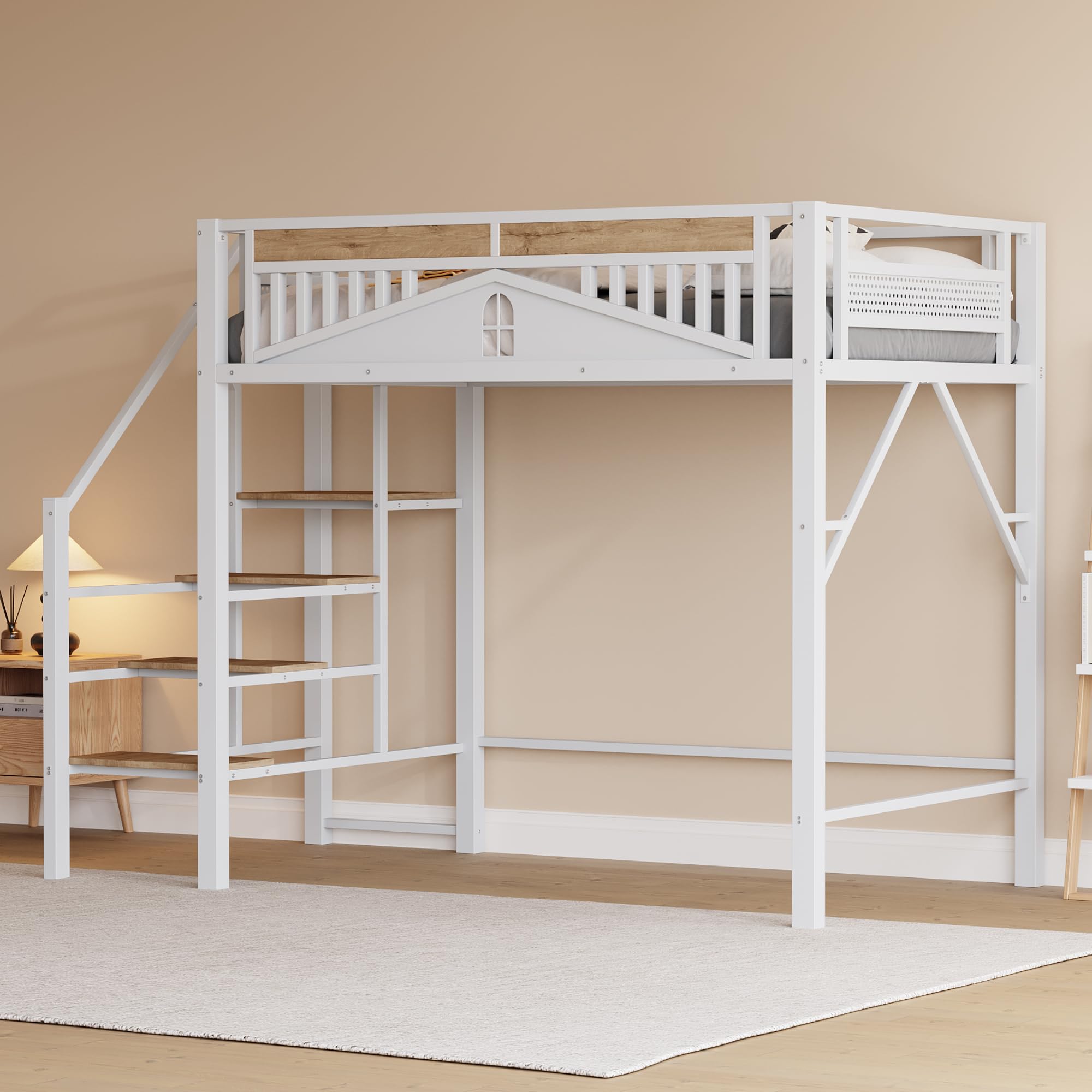 Cama alta de metal 140 x 200 cm con escalera y ventana protectora blanca para jóvenes