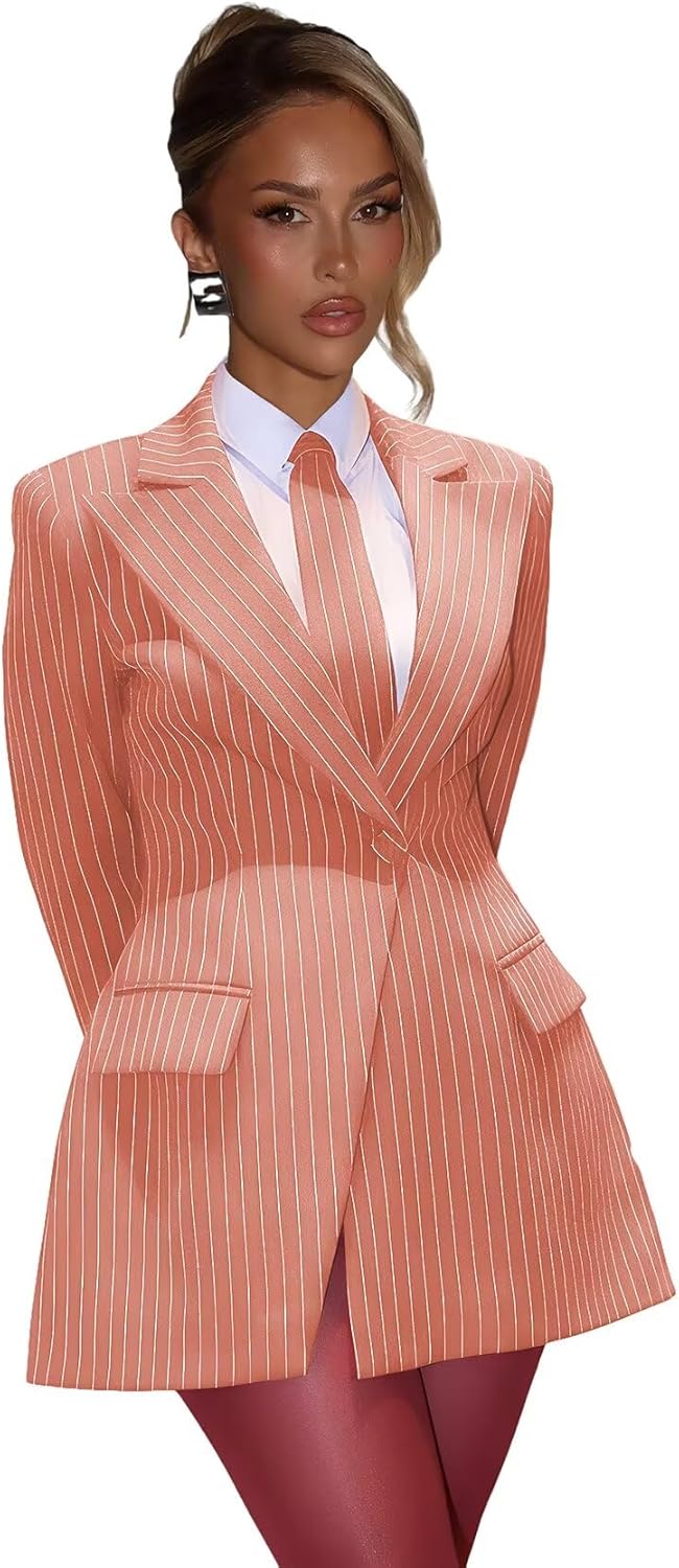 Pinstripe Blazer Dress for Women Sexy Elegant V Neck Womens Blazer Dress 1 Button Long Sleeve Jacket Dresses - Image 5