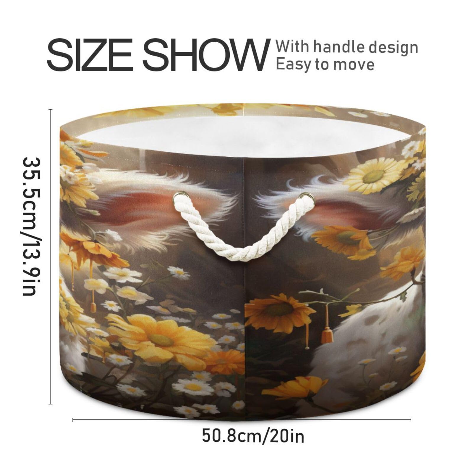Round Cute White Cow Daisy Flower Storage Basket Large Organizer Bin Laundry Hamper Toy Storage Basket with Handle for Nursery Clothes Toys 202b4316