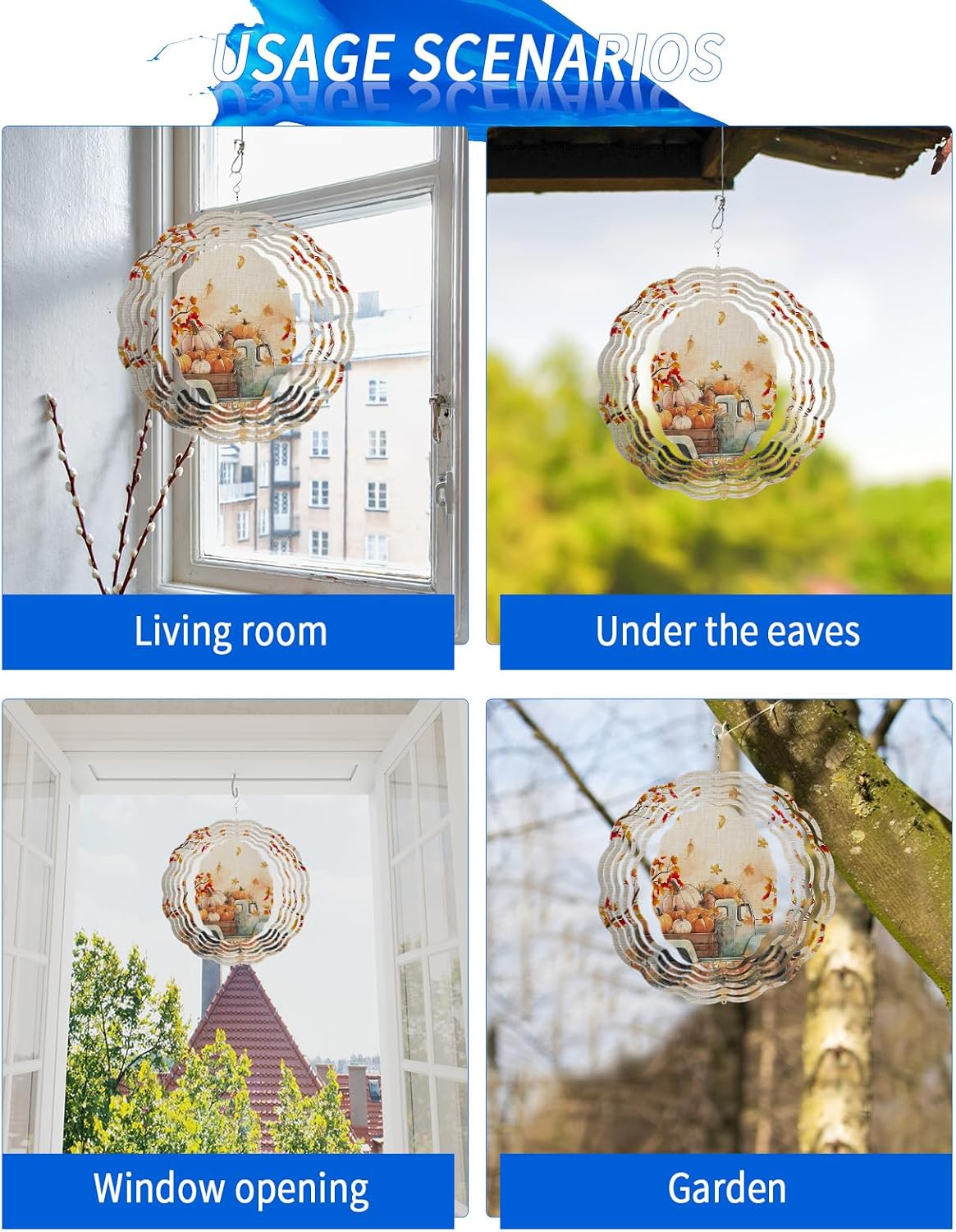 Pumpkins Truck Wind Spinner 3D Stainless Steel, 12 in Round Shape Double Sided Hanging Wind Spinners, Thanksgiving Fall Farm Maple Leaves Garden Art Wind Sculpture for Yard Porch Front Door