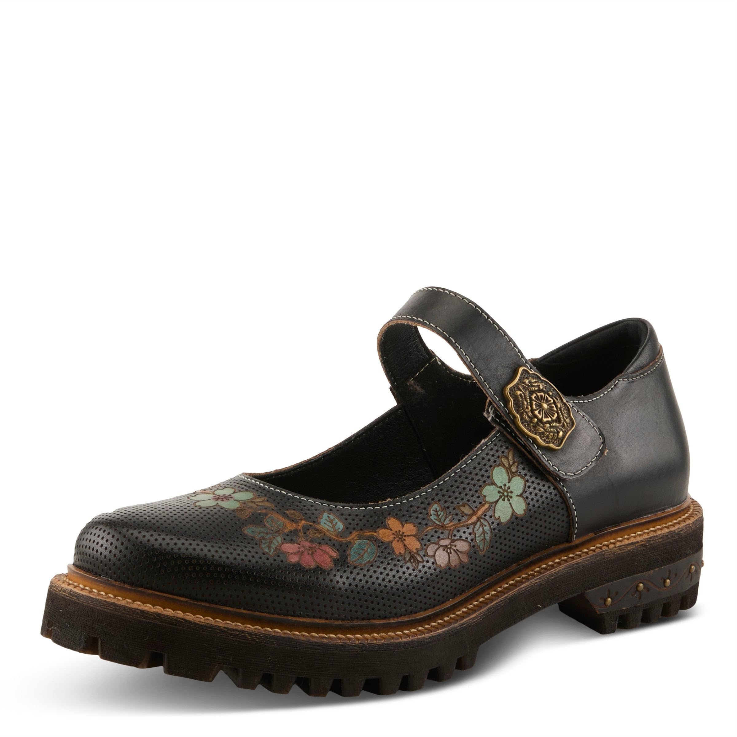 L'Artiste DANUELLA Hand-Painted Leather Mary Jane – Floral Boho Flat with Adjustable Strap & Lug Sole