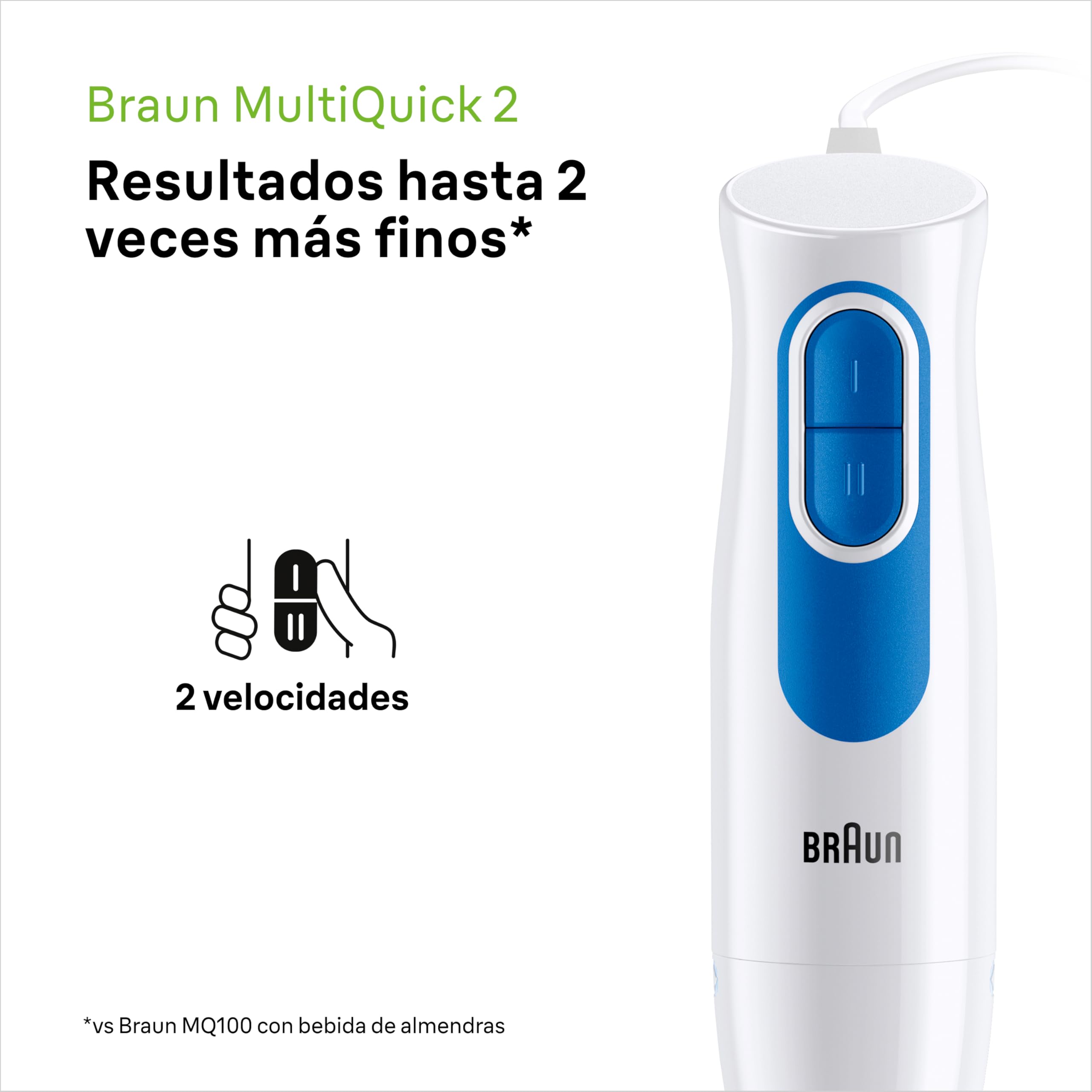 Braun Minipimer MultiQuick 2 - Batidora de mano con picadora y varilla para sopas, batidos y papillas para bebé, 2 velocidades, vaso medidor, 600W, blanco (MQ20236MWH)