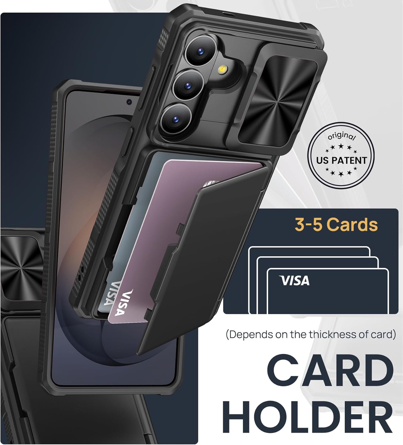 SSLOTSCASE for Samsung Galaxy S26 Case, Card Holder [RFID Protection] & Stand & Sliding Camera Lens Cover, Phone Lanyard Crossbody with 2X TPU Clear Tabs