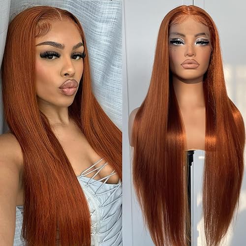 Miniatura 2 de Peluca de encaje frontal de color naranja jengibre, peluca sintética larga y recta con encaje frontal, densidad 180, sin pegamento, peluca frontal