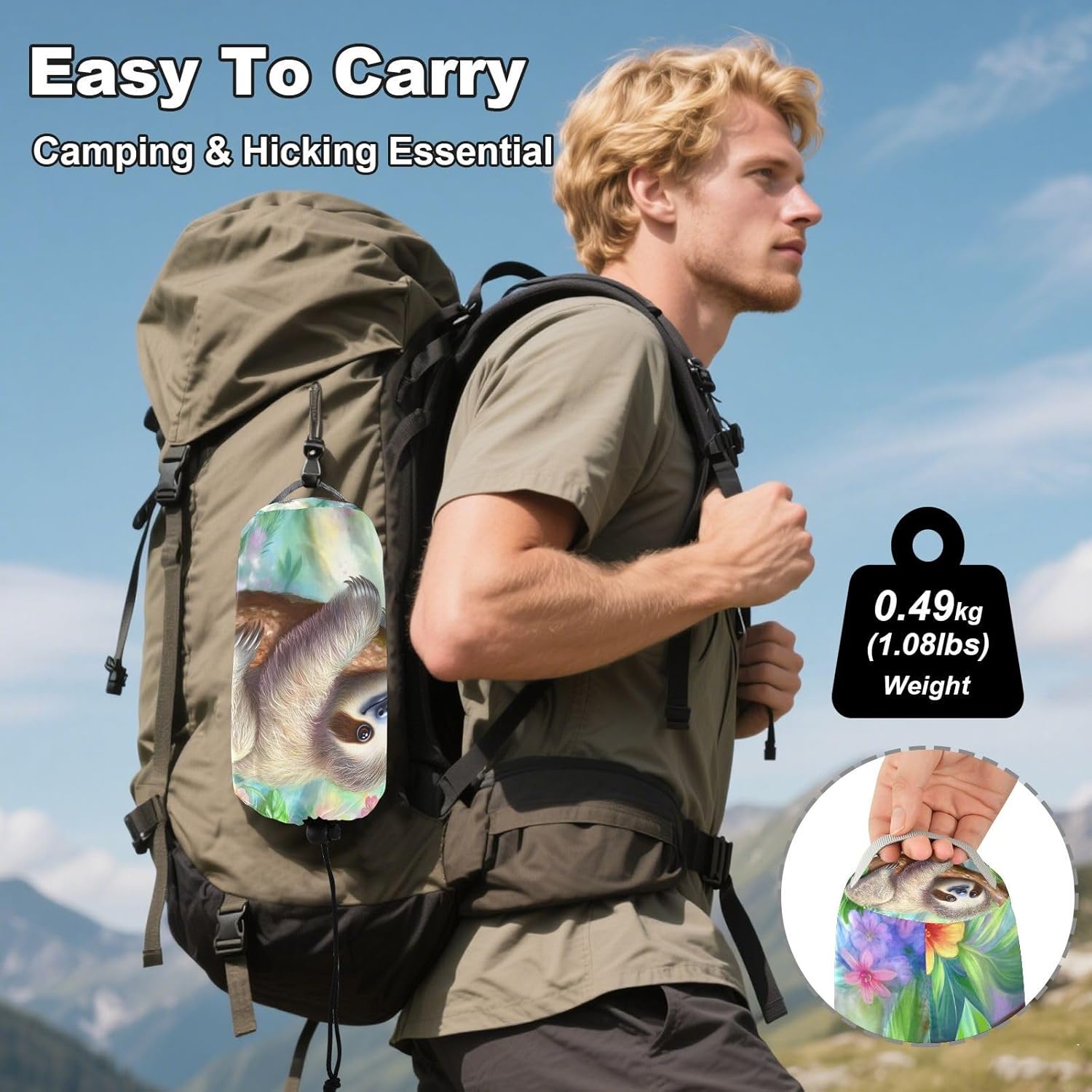 ALAZA Cute Sloth Animal Camping Hammocks Single or 2 Person 500 lbs Portable Parachute Travel Hammock w/Tree Straps for Hiking Backpacking Indoor Outdoor