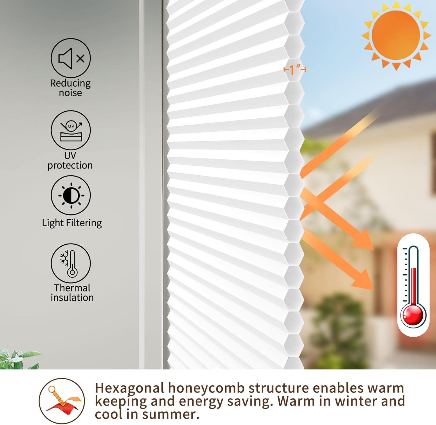 No Tools No Drill Blinds for Indoor Windows,Cordless Top Down Bottom Up Honeycomb Cellular Shades with 1" Fabric, Light Filtering White, Customize Size