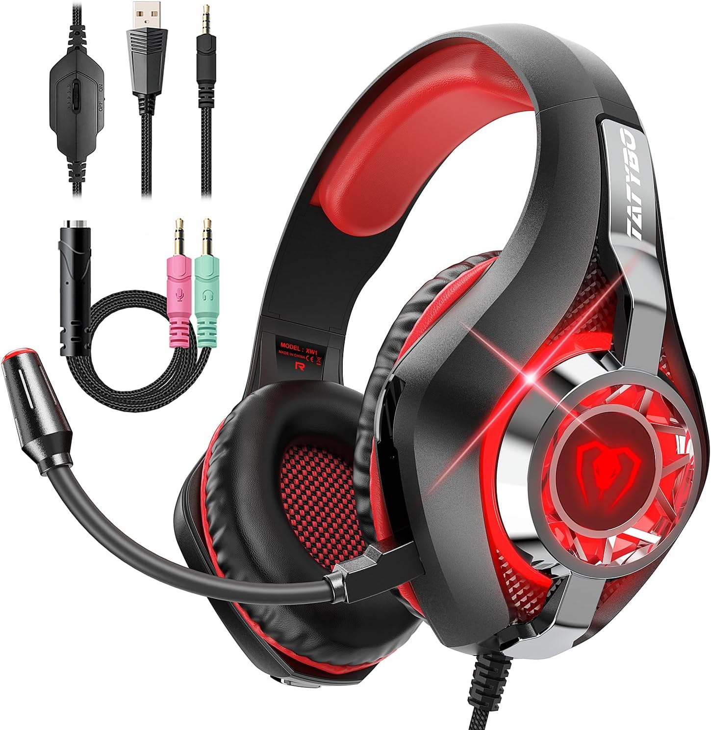 Tatybo Gaming Headset for PC, 7.1 Gaming Headphones with Noise Cancelling Microphone, PC Gaming Headset with LED Lights，Deep Bass Stereo Sound Headset for PC, PS4/PS5 Console, Laptop