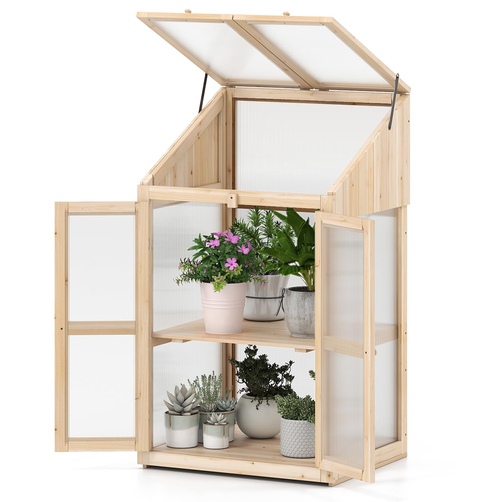 COSTWAY Wooden Greenhouse, Garden Cold Frame with Flip-top Roof, Lockable Door & Removable Shelves, Transparent Vegetable Flower Plant Grow House for Patio Balcony Backyard