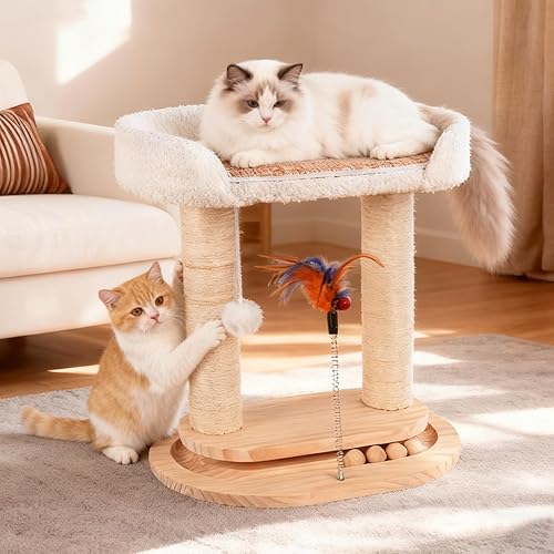 Torre de árbol de madera 5 en 1 para gatos, torre de sisal natural de 16.5 pulgadas de alto con cama, juguete interactivo de plumas para gatos,