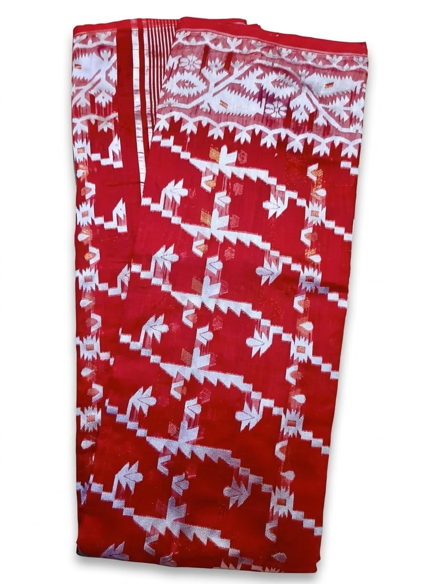 Red and White Jamdani Saree for Women-image-36