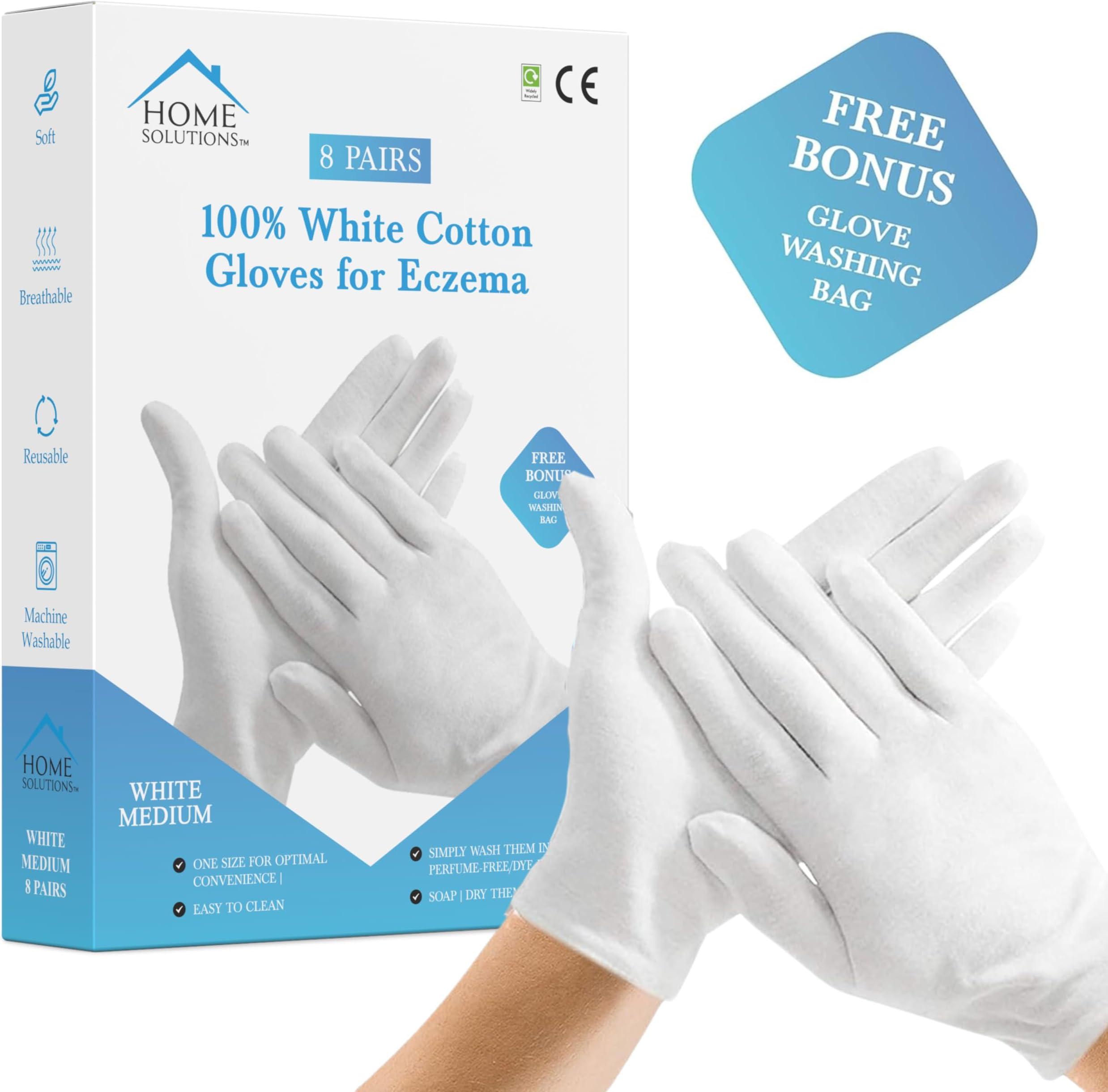 Premium Cotton Gloves for Eczema | 8 Pairs with Free Wash Bag | Men & Women Hand Moisturiser/Moisturising White Gloves for Dry Hands Overnight. (Medium Size)