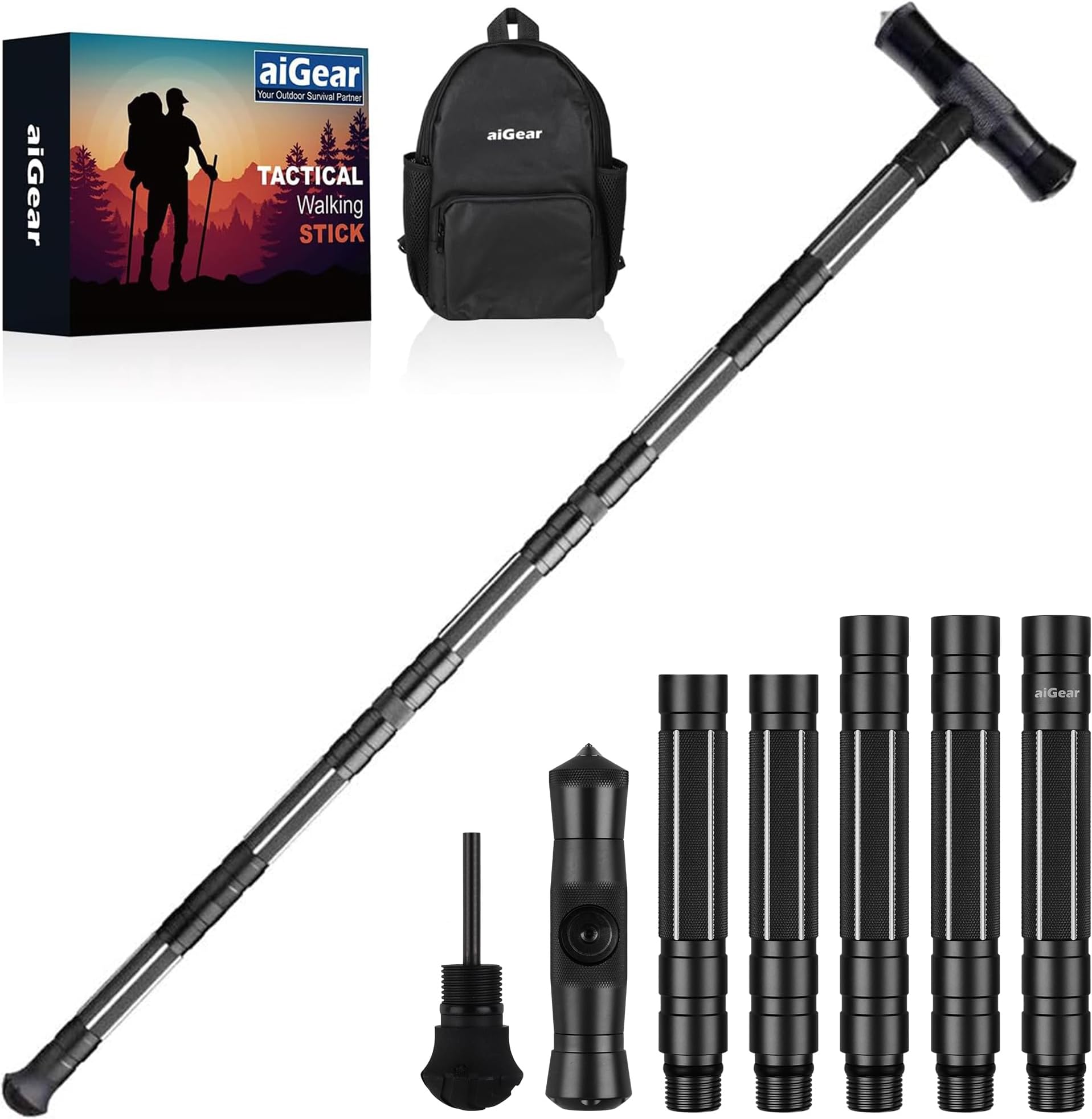 aiGear G2 Tactical Hiking Stick, 5-Section Heavy Duty Walking Staff for Men Women, Aerospace-Grade Aluminum Alloy Trekking Poles with Integrated Survival Kit for Camping Wading Outdoor Gear Black