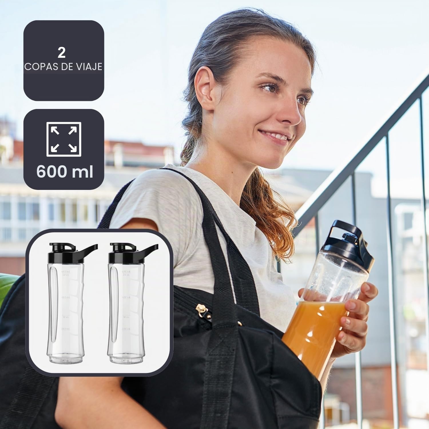 BLACK+DECKER - Mini batidora portátil BXJBA350E | 350W | Smoothies y batidos | 2 botellas de 600 ml sin BPA | Tapa hermética | 4 cuchillas de acero inox | Ligera | Acabado negro e inox anti-huellas