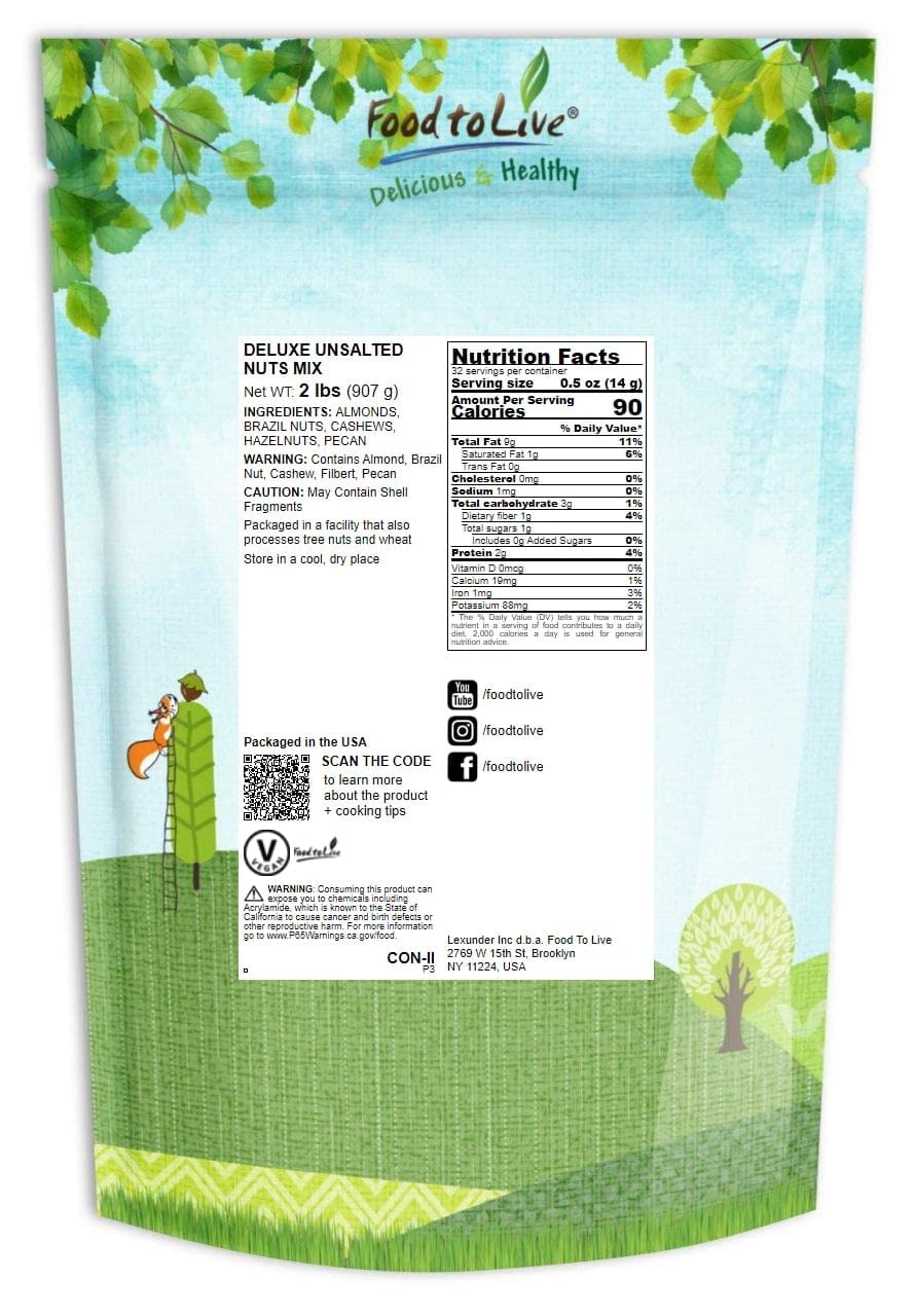 Food to Live Deluxe Unsalted Nuts Mix, 2 Pounds – A Blend of Dry Roasted Pecans, Cashews, Hazelnuts, Almonds, Brazil Nuts. Oven Roasted, Vegan, Kosher, Bulk. Wholesome Snack. Full of Protein, Fiber