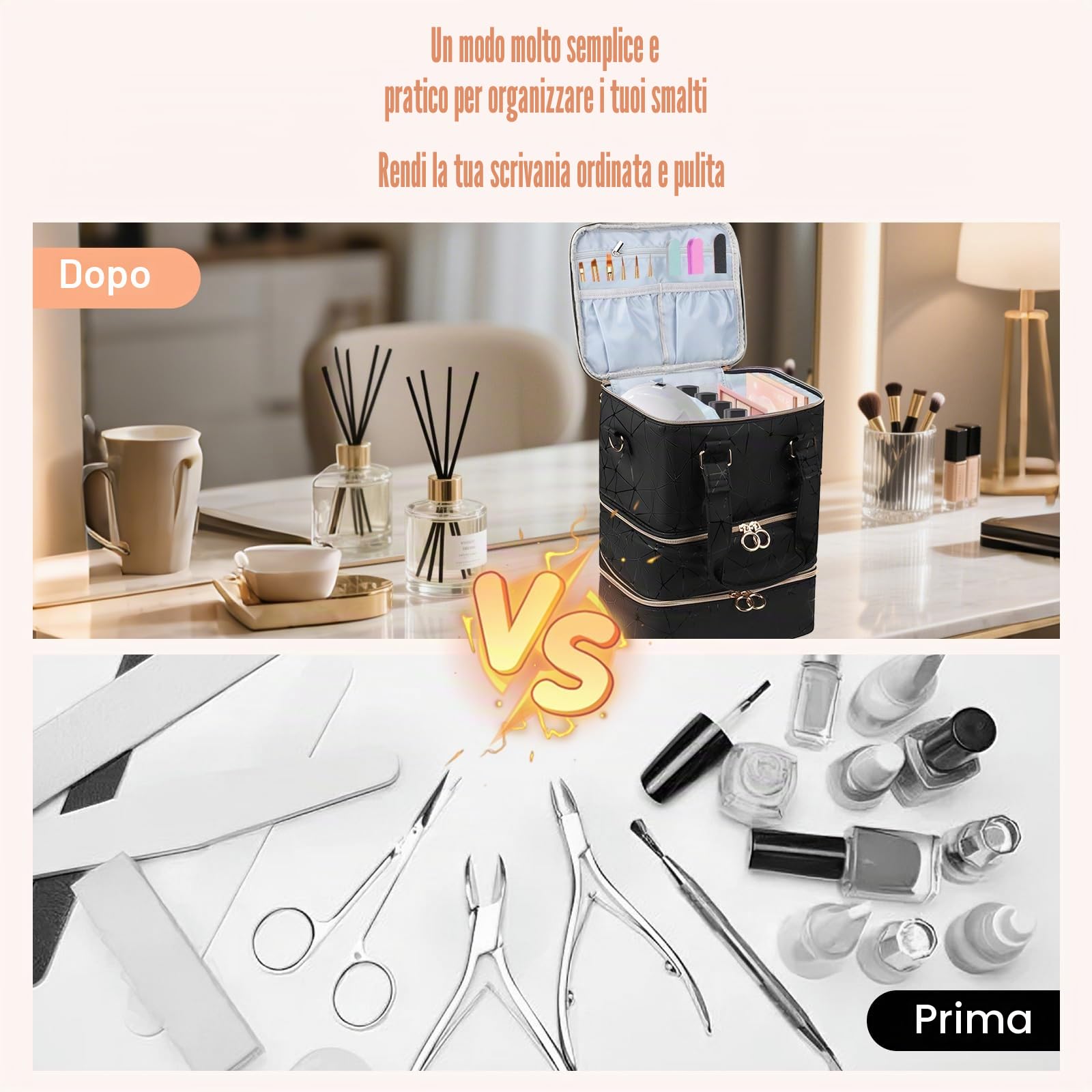 Porta Smalti Organizer,Contenitore per unghie di grande capacità per 60 Flaconi di smalto e 1 lampada LED per unghie, Organizer per Unghie,3 Ripiani Scatola da Viaggio Per Smalti per Nail Art