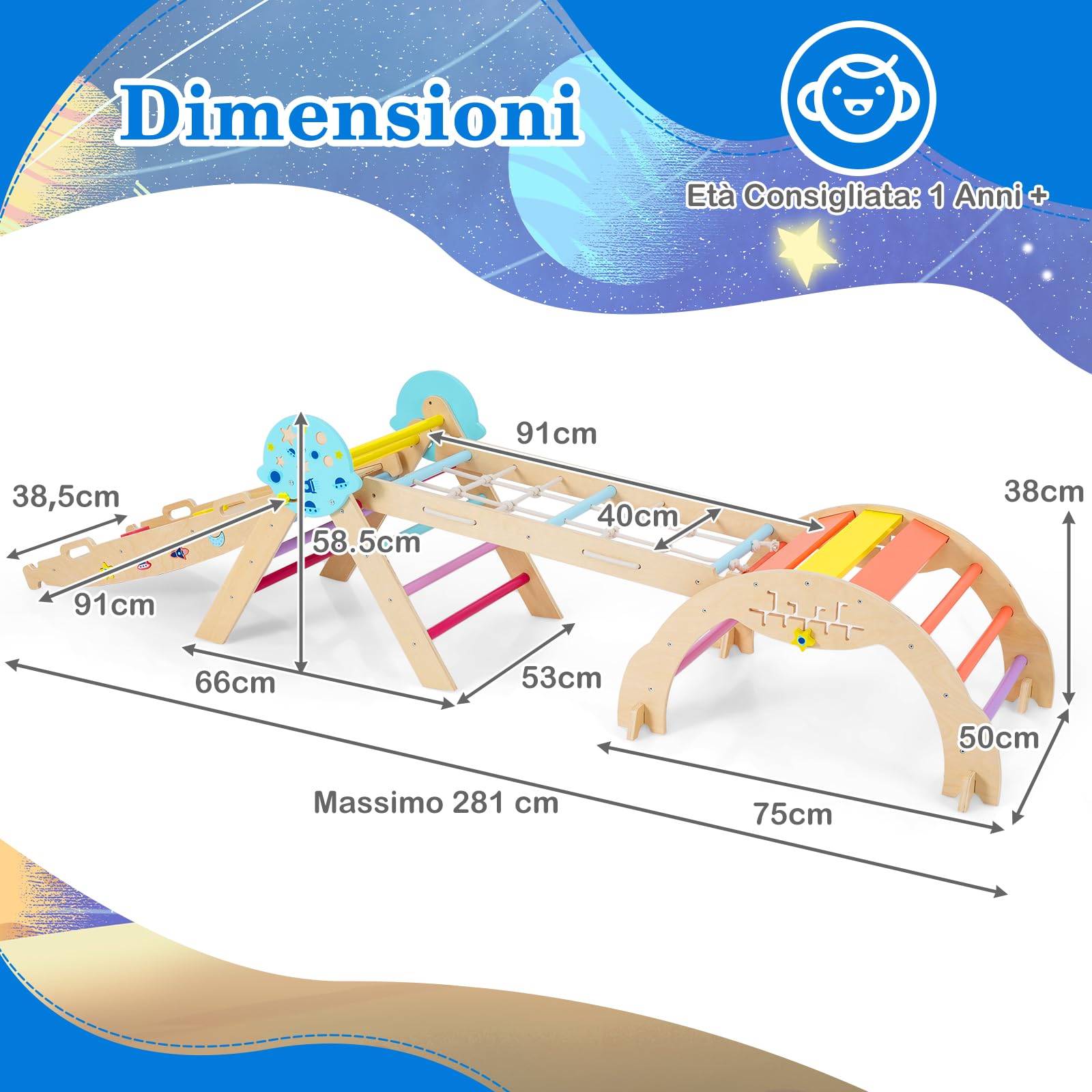 RELAX4LIFE Set da Arrampicata per Bambini, Triangolo di Arrampicata con Scivolo e Arco, Gioco di Incastri in Legno, Gioco Montessori per Bambini 1+ Anni