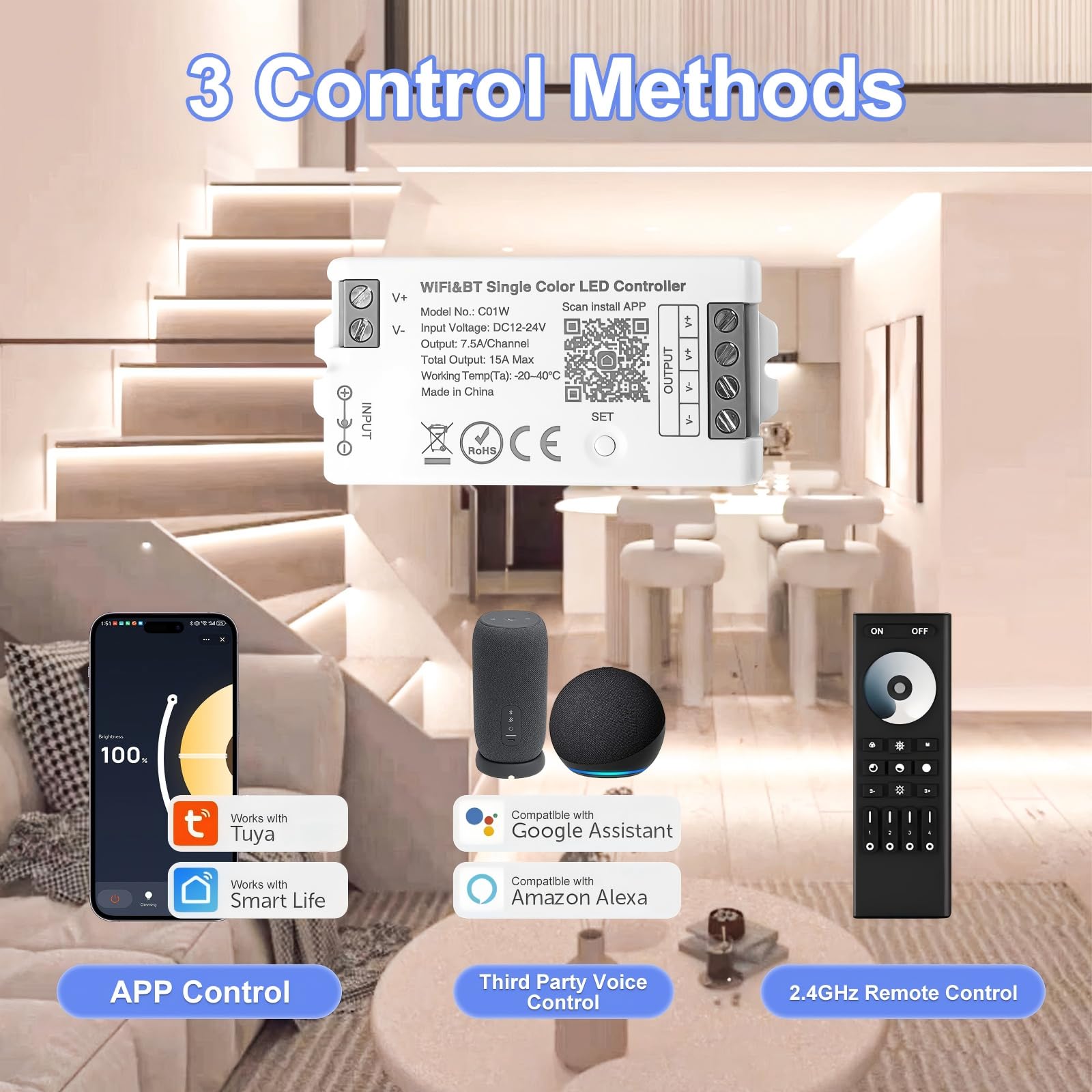 C01W Contrôleur Wifi LED,Commande Vocale/App Tuya/Smart Life,Remote LM091,LM096,LM007,LM097,Timer,12V-24V Contrôleur de Gradateur LED pour Bandes LED COB SMD 3014,5730,3528(Couleur unique)