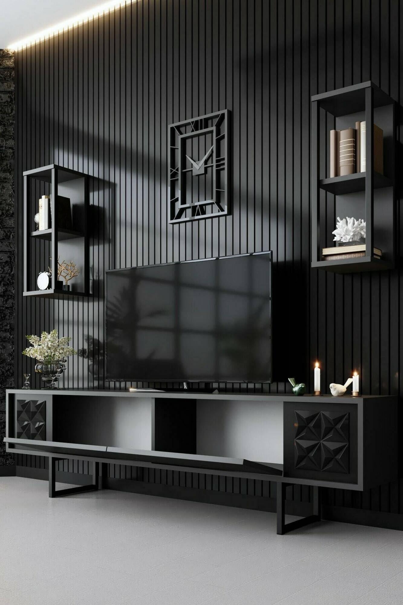 Dmora - Mobile porta TV Kaus, Credenza da soggiorno, Armadio basso per TV, Base parete attrezzata, 180x30h48 cm, Antracite e Nero