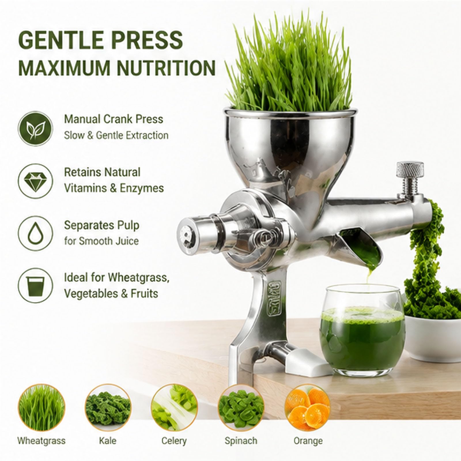Spremiagrumi Manuale per Erba di Grano, Acciaio Inossidabile 304 | Estrattore portatile di erba di grano manivella, mano manivella succo presse, per frutta, verdura, arancia, cavolo, sedano