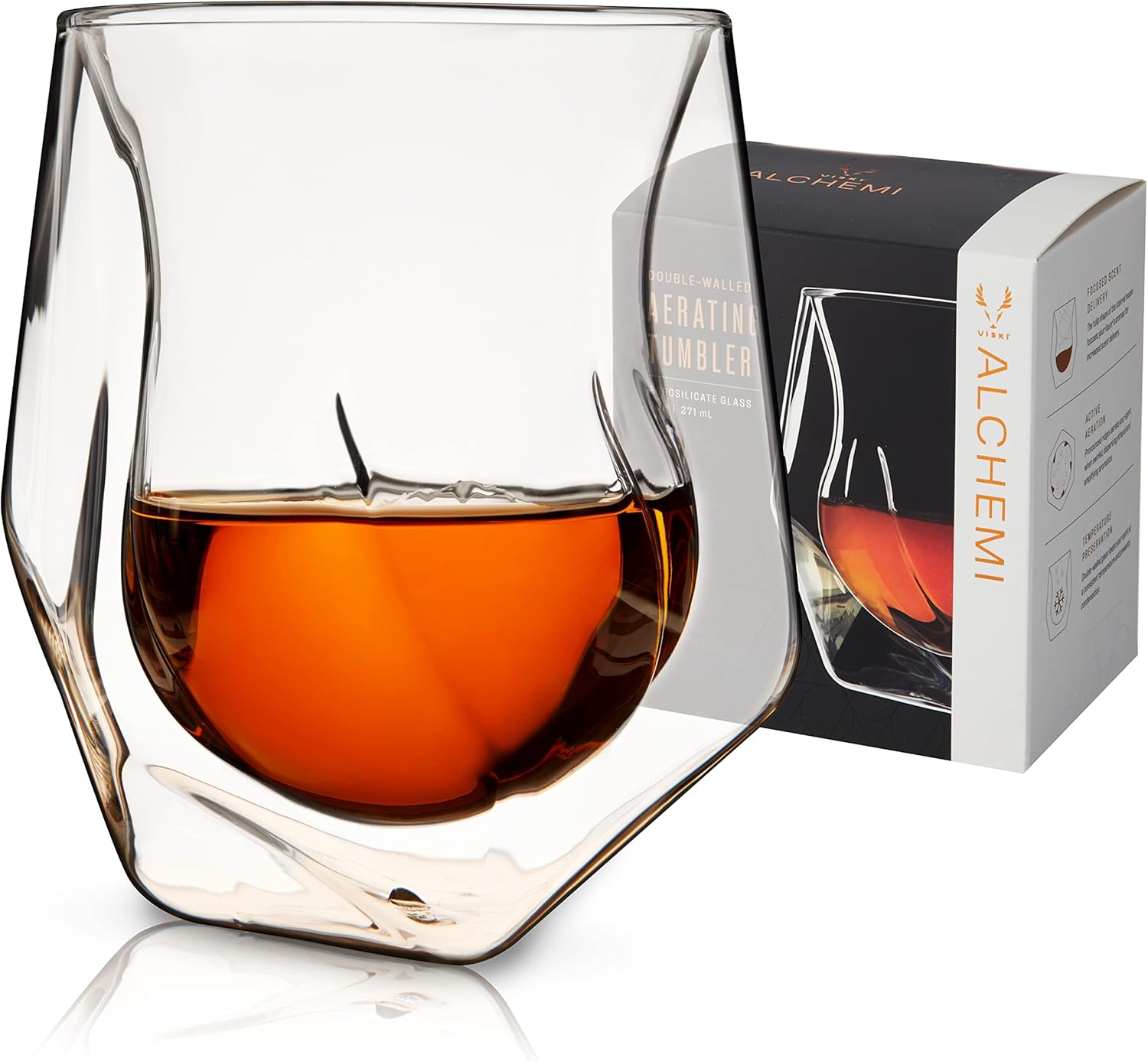 Viski Aerating Whiskey Tumbler, Whiskey Tasting Glass, Double Walled Snifter, Specialty Bourbon Tumbler, Clear Glass, Dishwasher Safe, 6 Oz, Set of 1