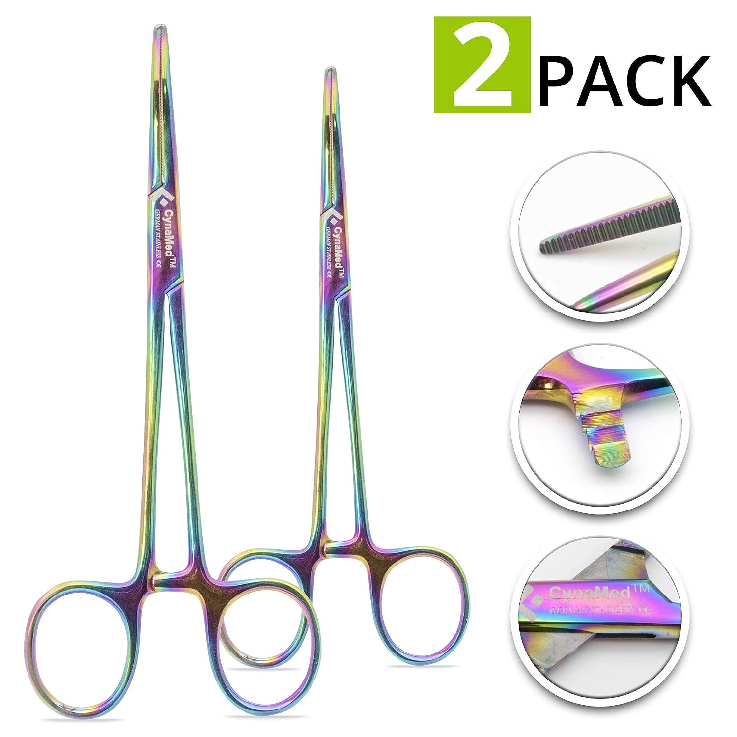 Cynamed Set of 2 Artzone Multi Color Hemostat Forceps with Serrated Jaws, Stainless Steel Rainbow Pliers - 5 inch