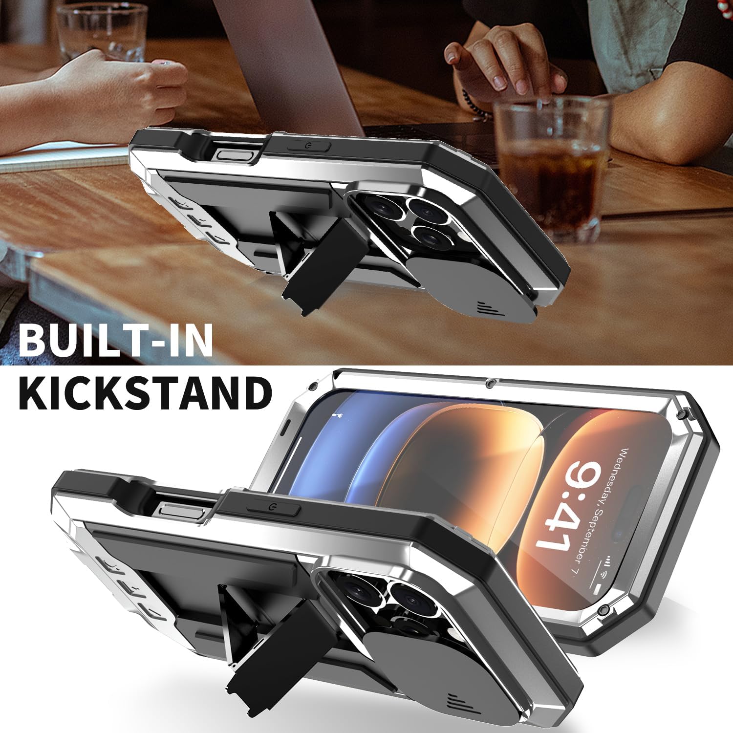 Compatible With iPhone 16 Pro Max Metal Heavy Duty Case with Camera Cover Stand Screen Protector Kickstand Full Body Military Sturdy Armour Armor Shockproof Dorp Test Protective Case (Silver)