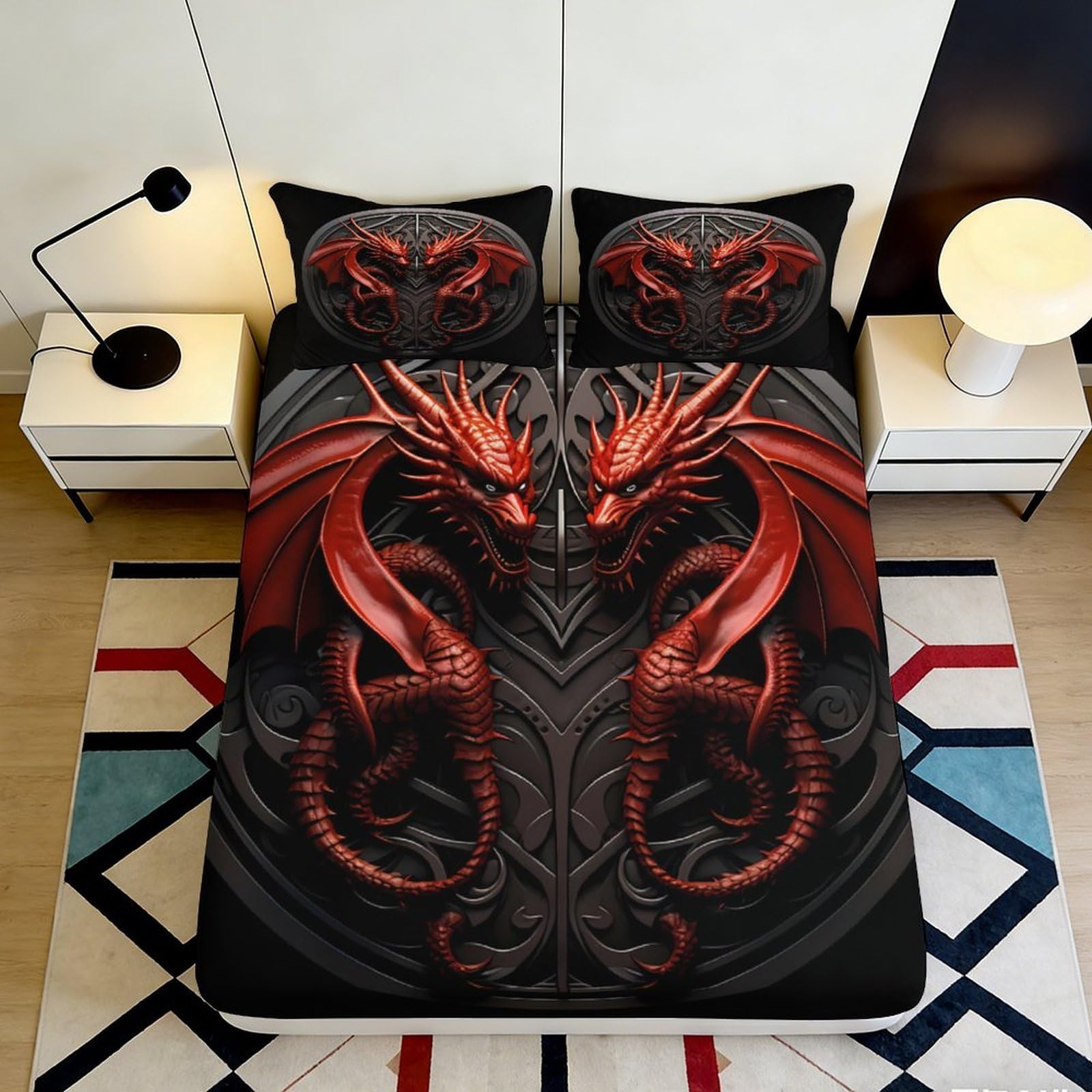 Dhbaneiok Style-5 3D Printed Red Dragon Fitted Sheet Microfiber Soft Non-Slip Black Fantasy Mattress Cover Bedroom Dorm Decor 90X200x25cm