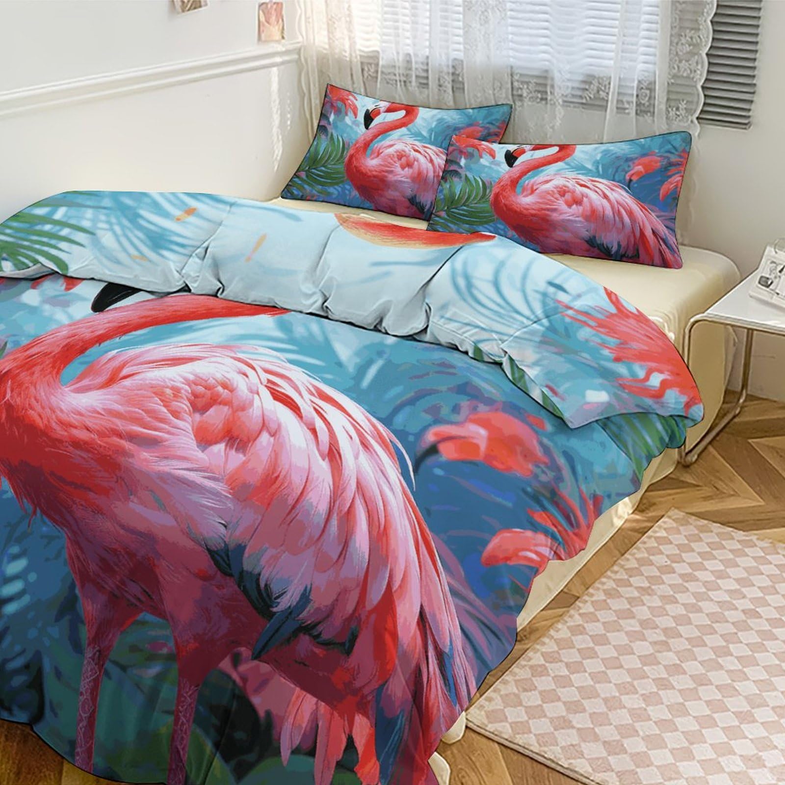 Couvre-lit grand lit 3 pièces à motif flamant rose peint de qualité supérieure