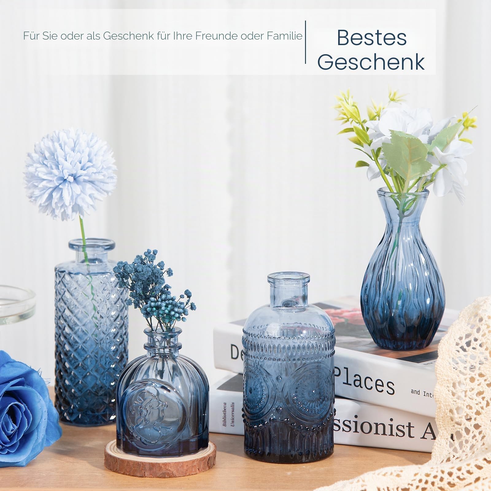 TBWIND 12-teiliges Glasvasen-Set, kleine Vasen für Blumen, blaue Knospenvase für Tafelaufsätze in Großpackung, Mini-Vintage-Vase für rustikale Hochzeitsdekorationen, Büro und Zuhause, Tischdekoration,