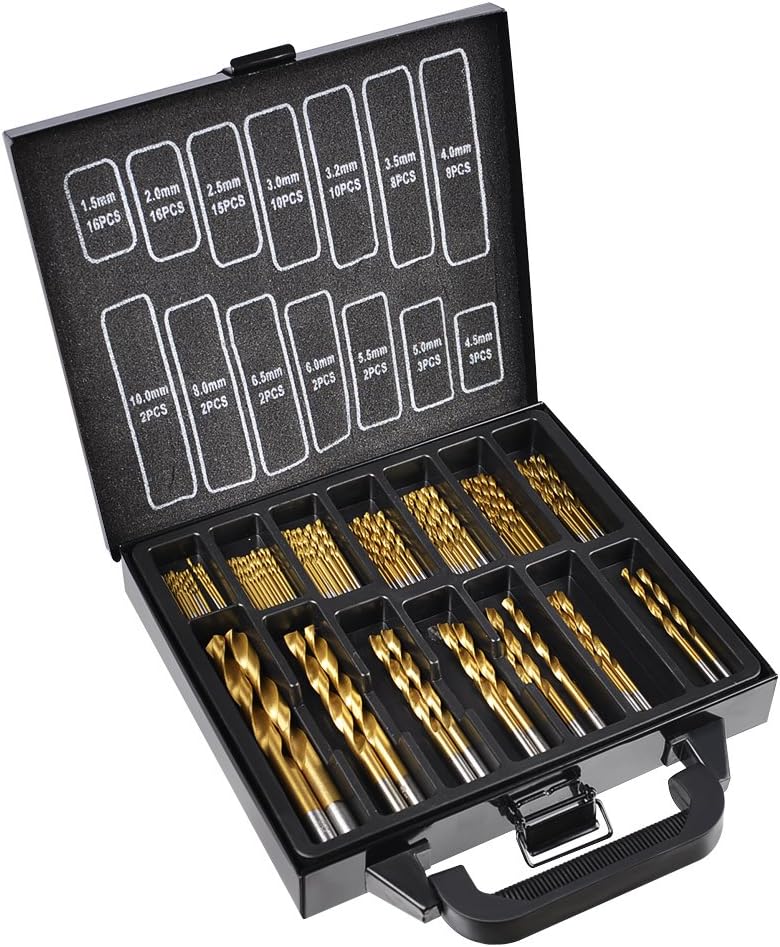 AWinEur 99pcs HSS Drill Bits Set Titanium Universal Carry Case Organiser DIY Storage 1.5mm-10mm Titanium Coated Steel Drill Bits