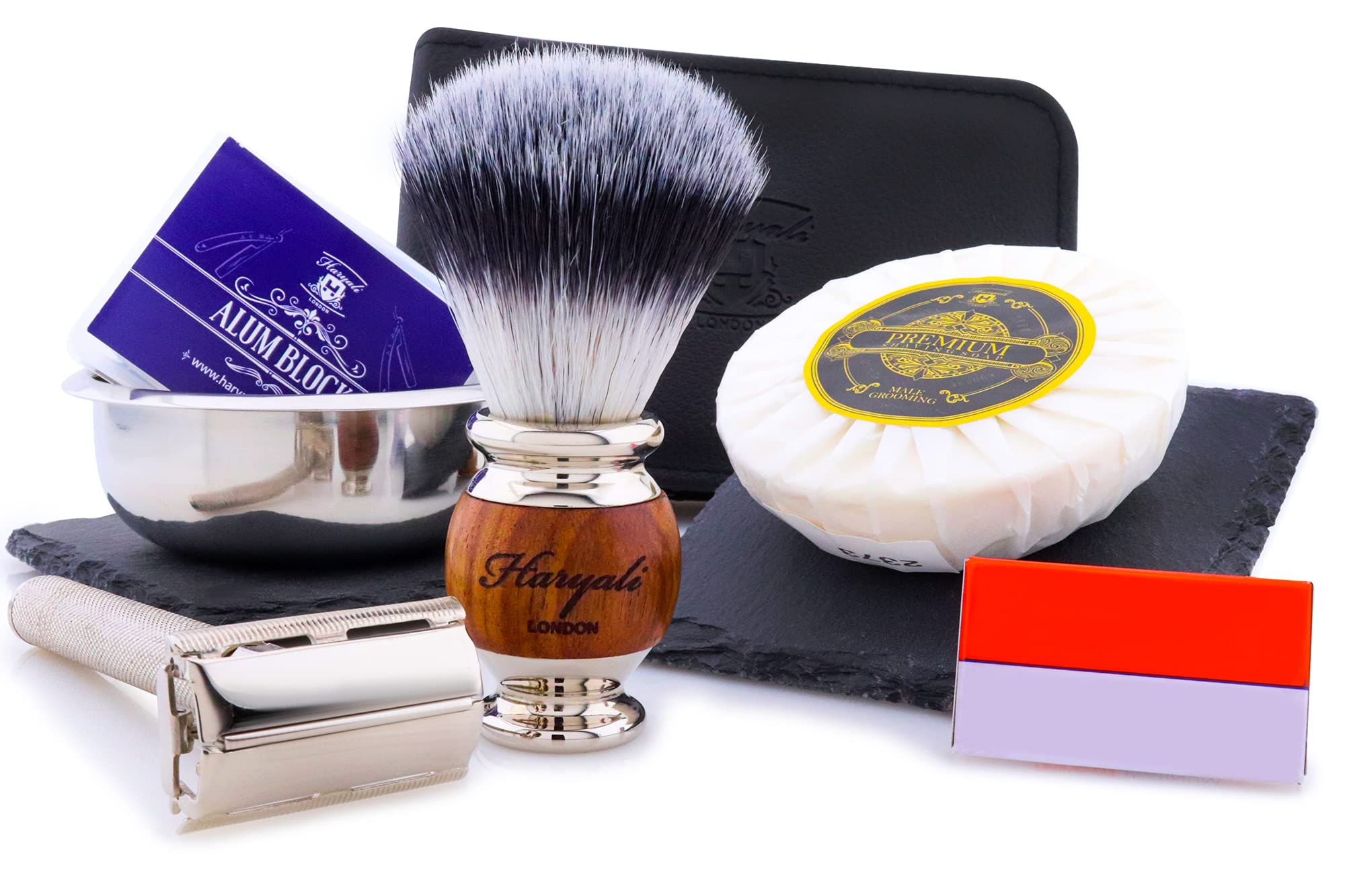 Haryali London Set da barba – Pennello da barba Vegan – Sapone da barba, ciotola da barba, pietra di allume, 6 pezzi, rasoio bagnato, da uomo e da donna, con lamette da rasoio, custodia rasoio