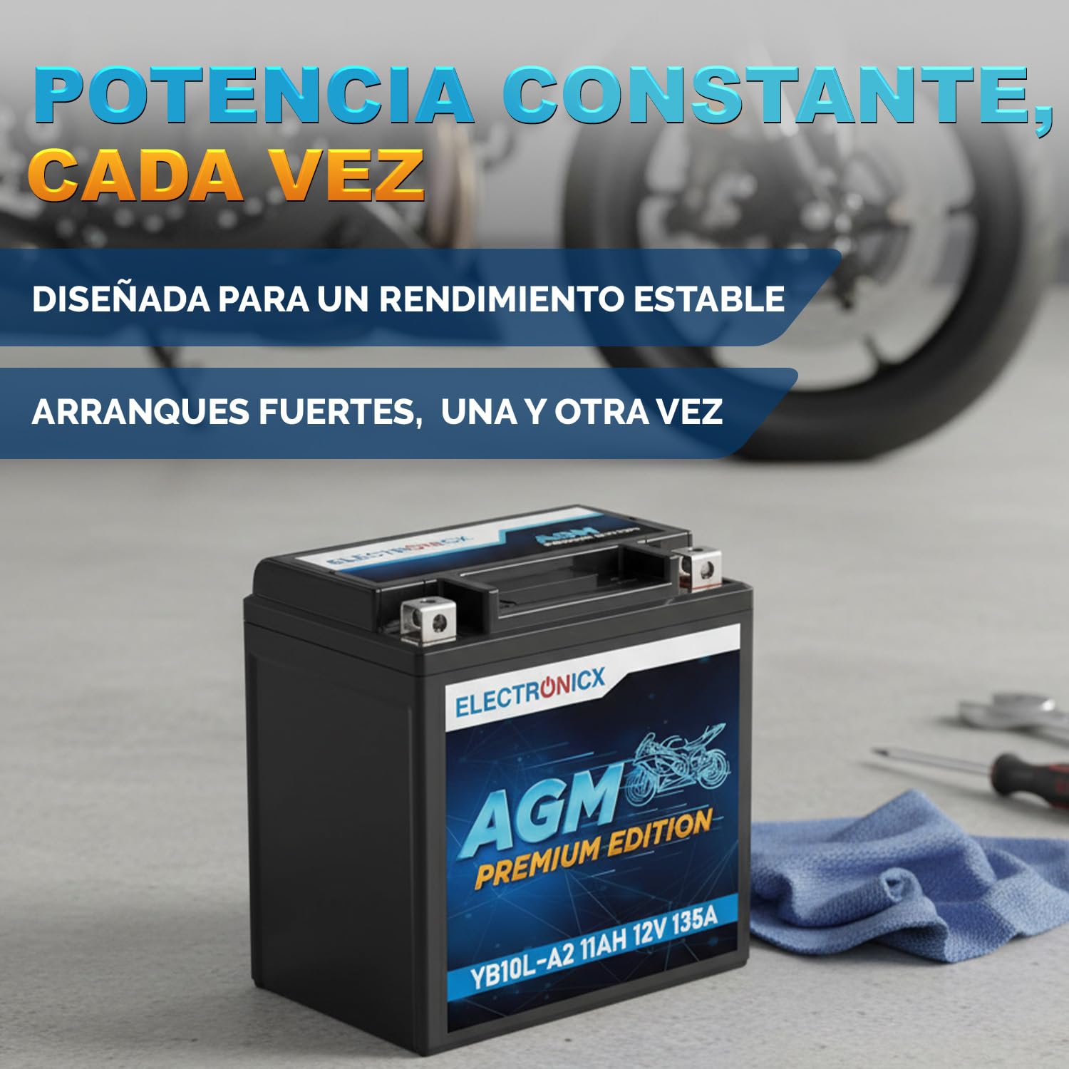 Electronicx batería de moto AGM YB10L-A2 12V 11Ah – batería de arranque sellada sin mantenimiento, tecnología AGM 135A CCA – scooter, quad, ATV – compacta, resistente a vibraciones, lista para usar