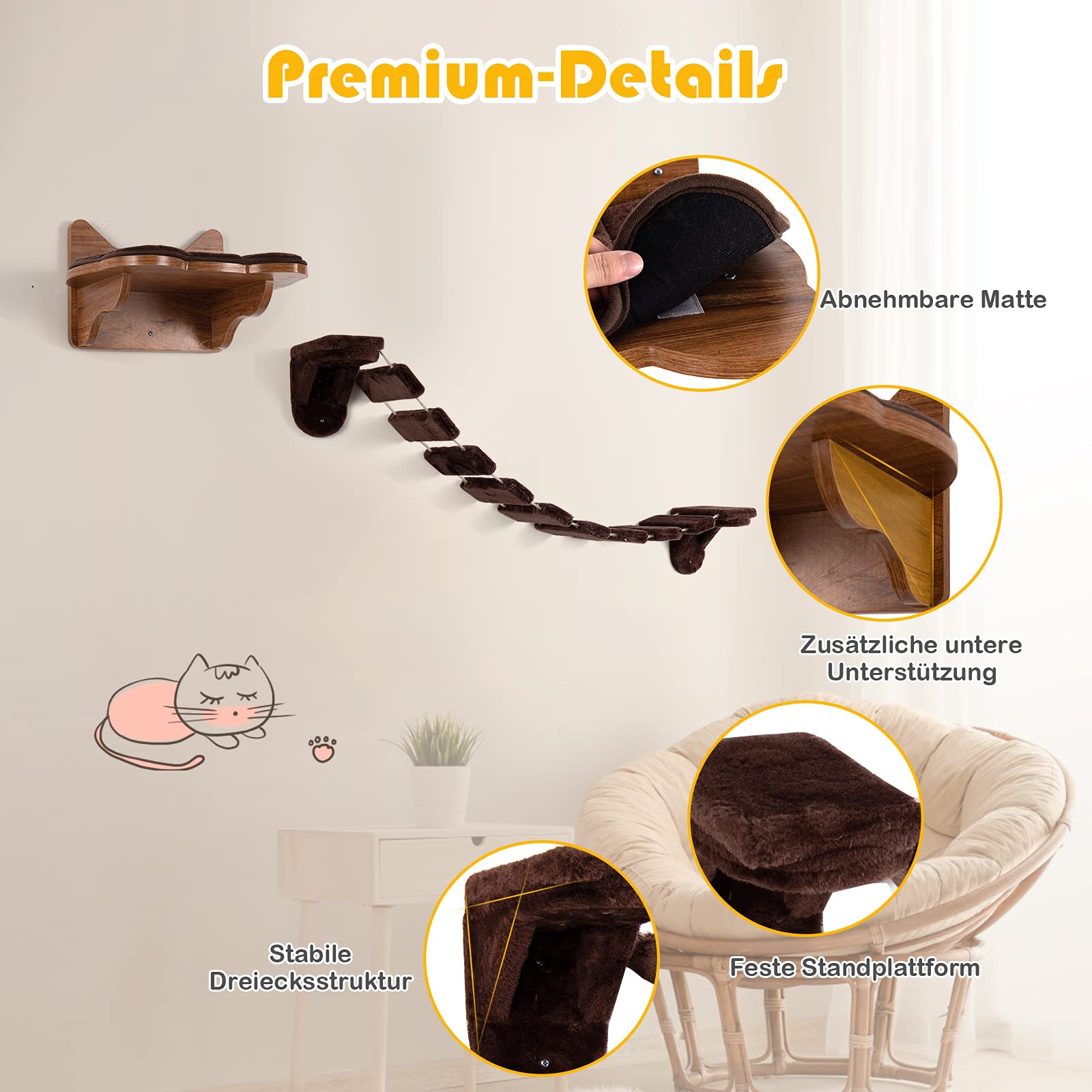 COSTWAY Kletterwand Katzen, 2 in 1 Katzenbrücke und Katzenliege, Katzenhängematte Wand Set, Hängebrücke Katzentreppe, Katzenbett Wandliege Hängematte, Katzenmöbel für Katze bis 10 kg, Braun